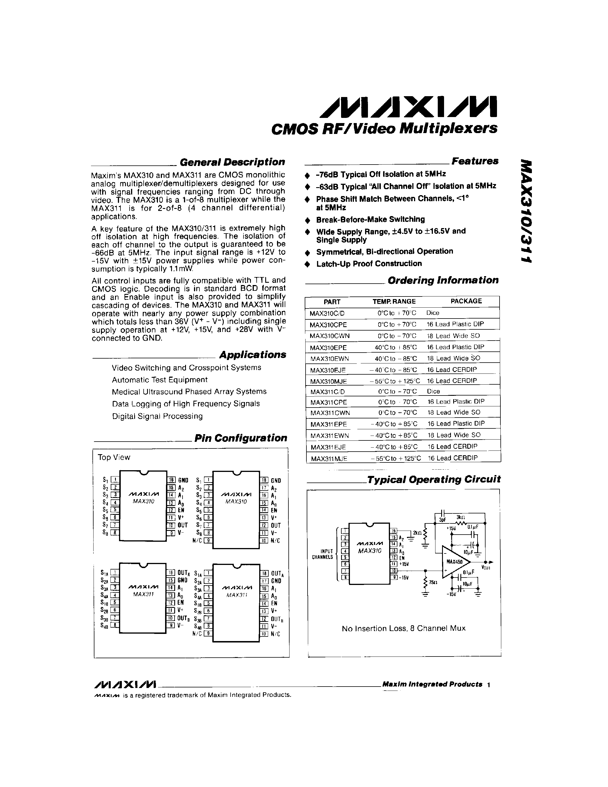 Datasheet MAX311 - Quad SPST CMOS Analog Switches page 1