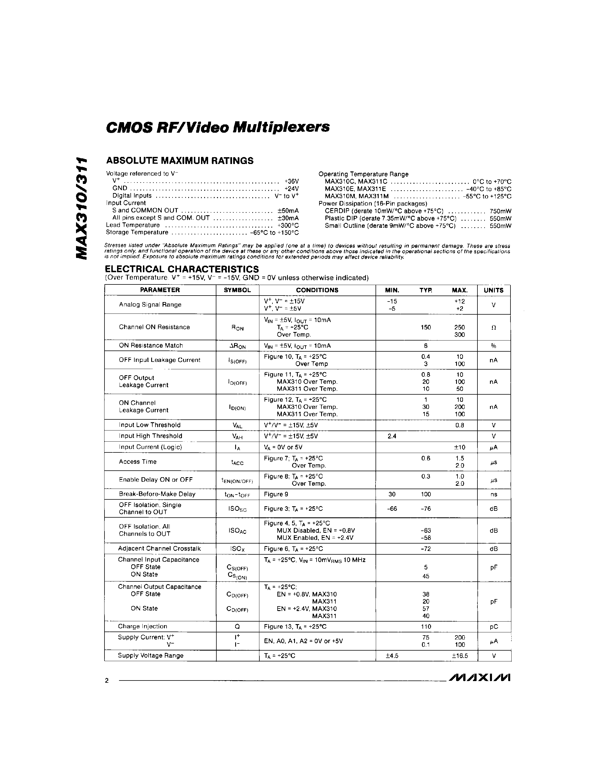 Datasheet MAX311 - Quad SPST CMOS Analog Switches page 2