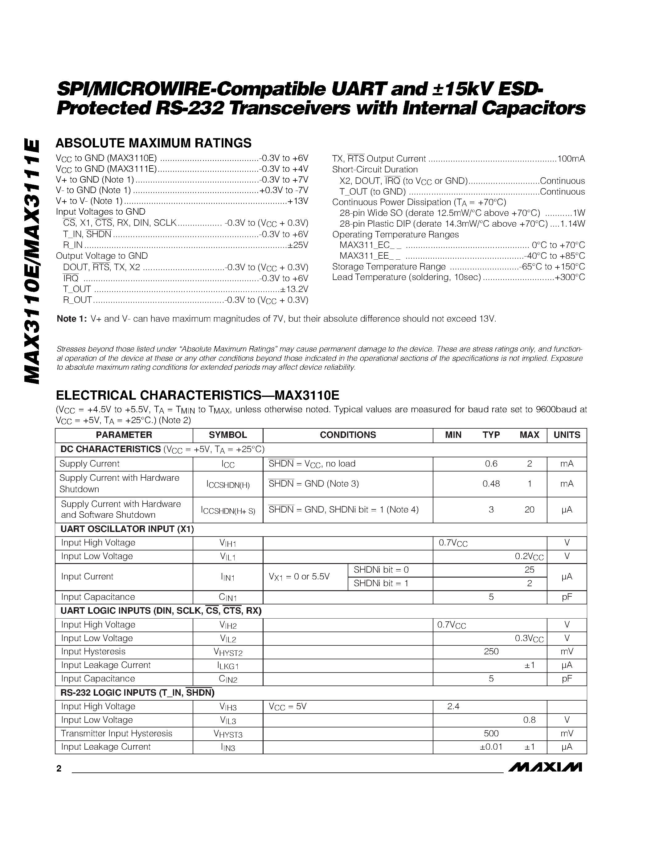 Datasheet MAX3111E - SPI/MICROWIRE-Compatible UART and 15kV ESDProtected RS-232 Transceivers with Internal Capacitors page 2
