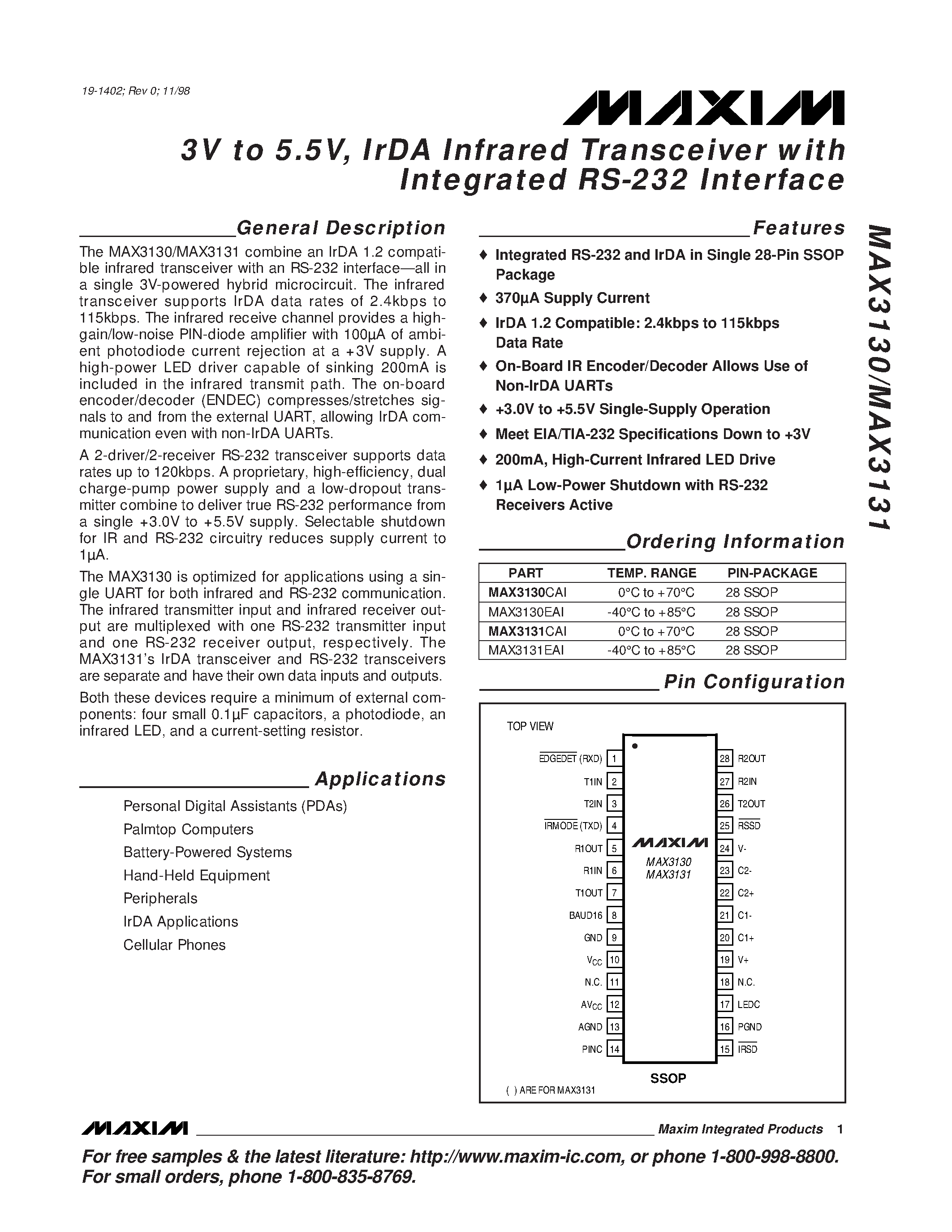 Datasheet MAX3130 - 3V to 5.5V / IrDA Infrared Transceiver with Integrated RS-232 Interface page 1