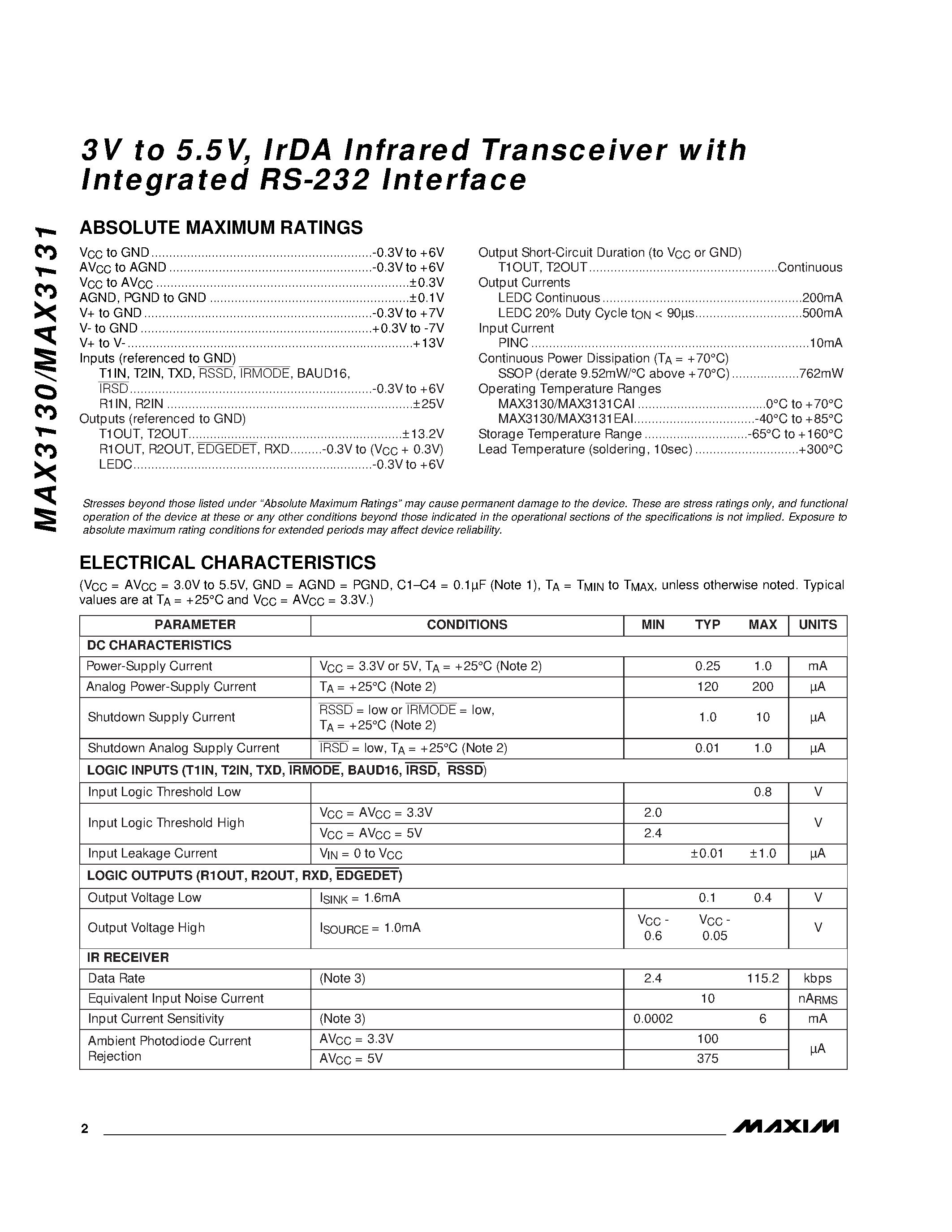 Datasheet MAX3130 - 3V to 5.5V / IrDA Infrared Transceiver with Integrated RS-232 Interface page 2