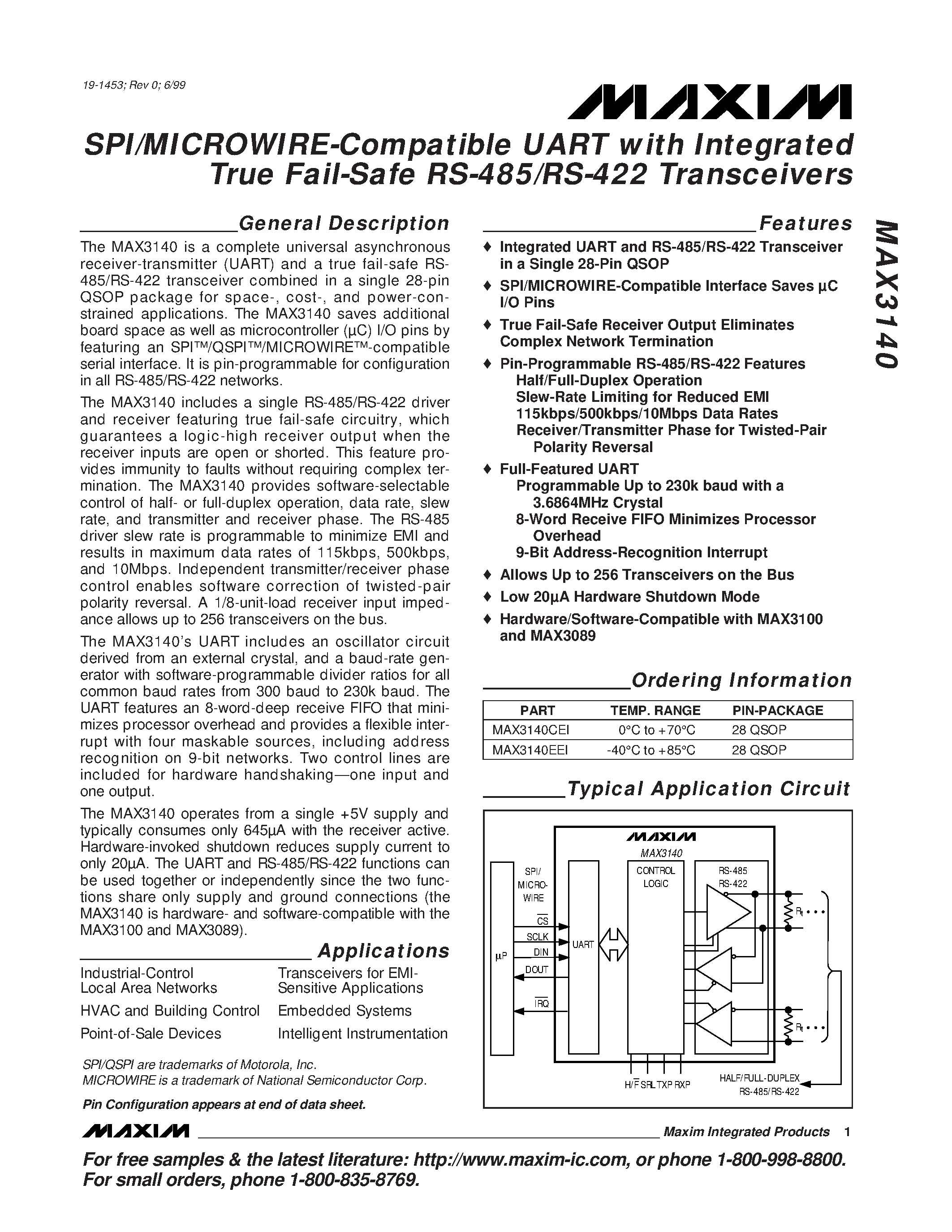 Datasheet MAX3140 - SPI/MICROWIRE-Compatible UART with Integrated True Fail-Safe RS-485/RS-422 Transceivers page 1