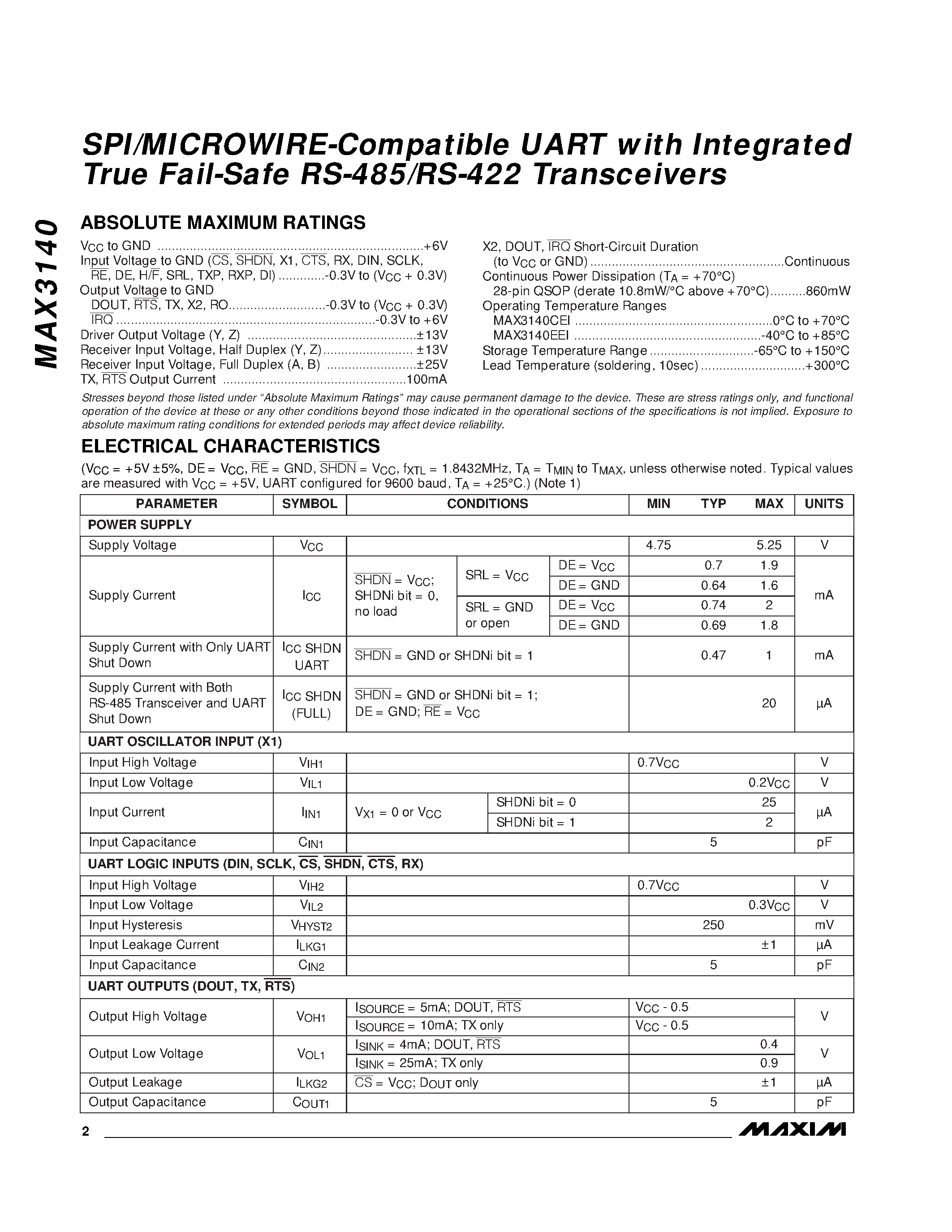 Datasheet MAX3140 - SPI/MICROWIRE-Compatible UART with Integrated True Fail-Safe RS-485/RS-422 Transceivers page 2
