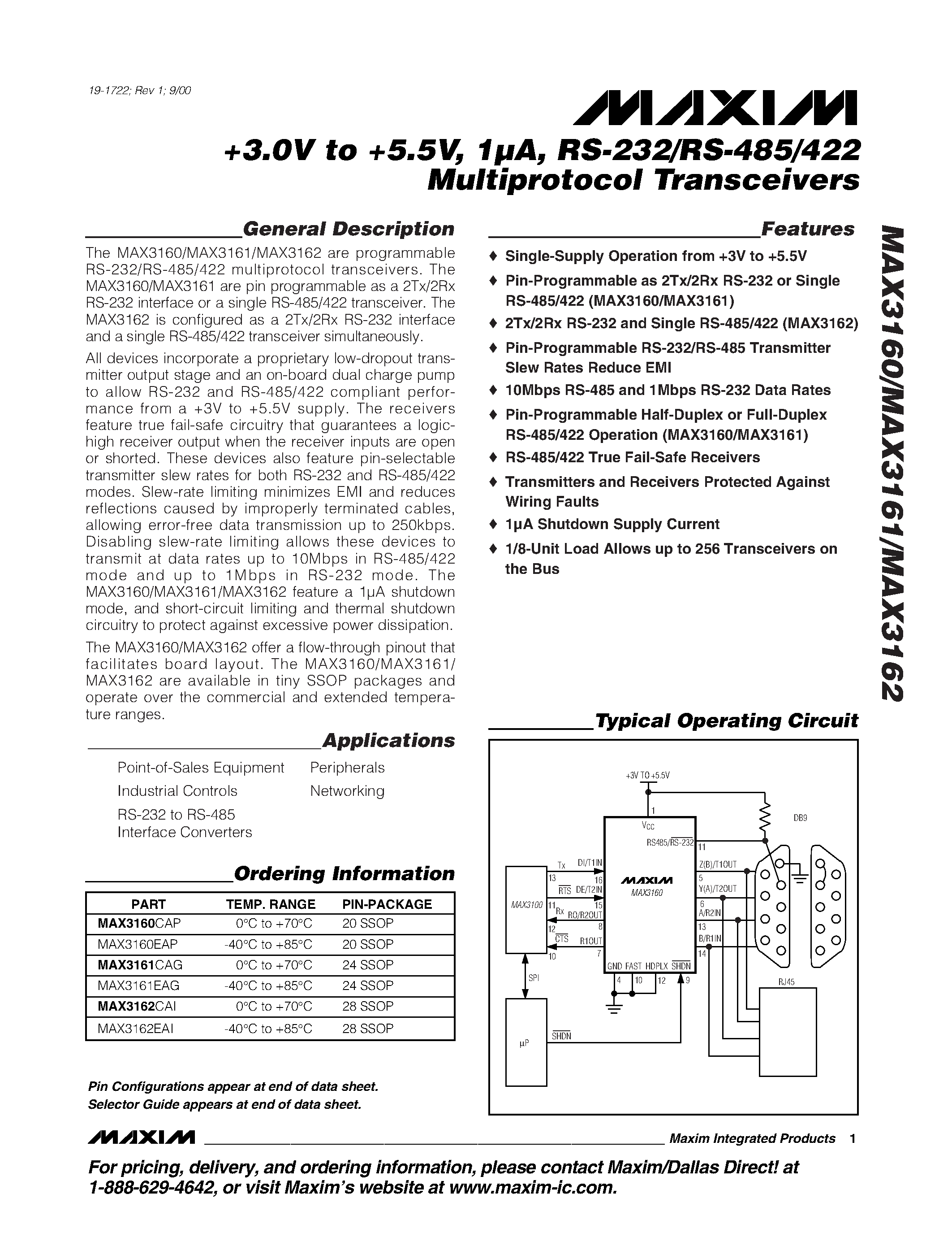 Datasheet MAX3160EAP - +3.0V to +5.5V / 1A / RS-232/RS-485/422 Multiprotocol Transceivers page 1