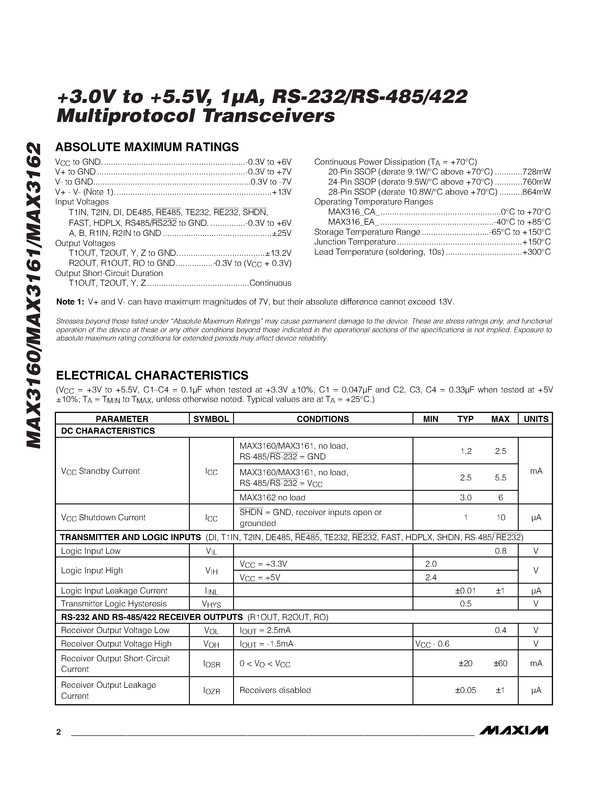Datasheet MAX3161EAG page 2 Datasheet MAX3161EAG - +3.0V to +5.5V / 1A / RS-232/RS-485/422 Multiprotocol Transceivers page 2