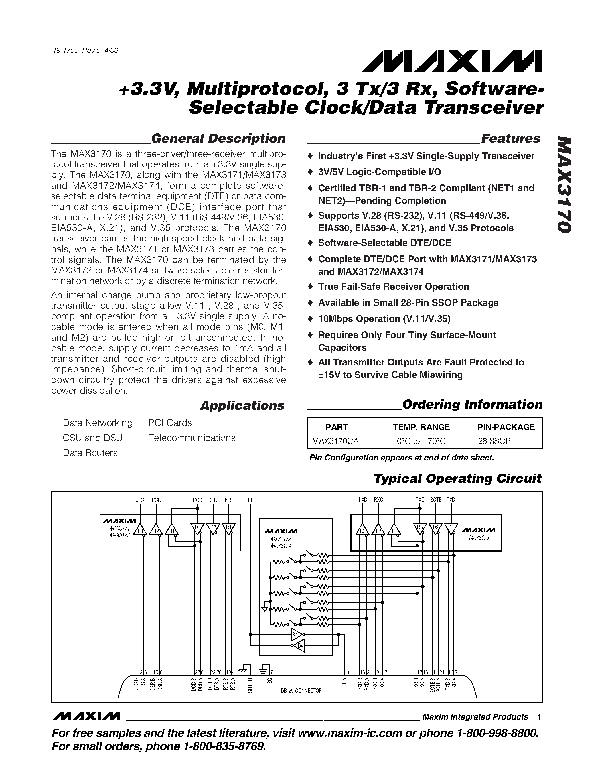 Datasheet MAX3170 - +3.3V / Multiprotocol / 3 Tx/3 Rx / Software- Selectable Clock/Data Transceiver page 1