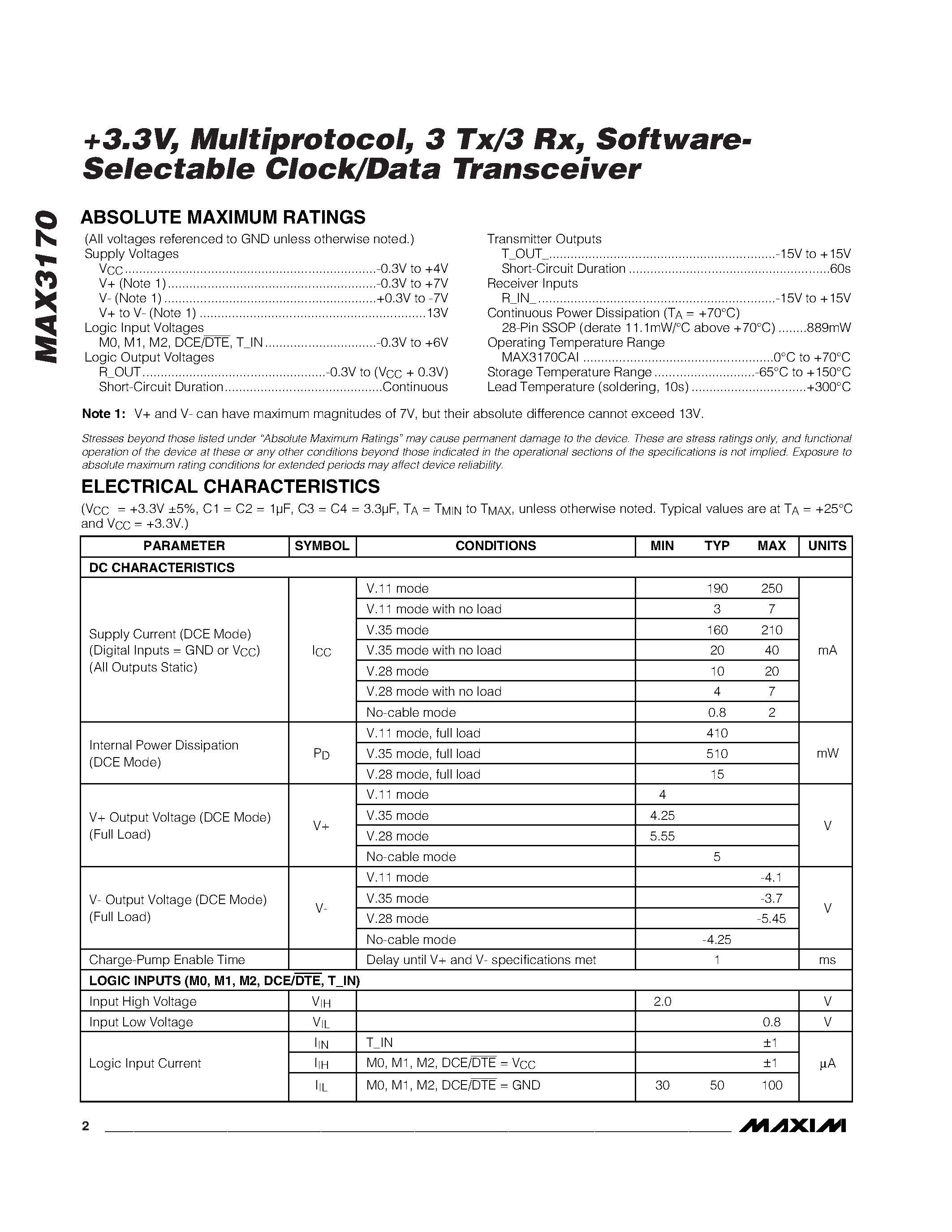 Datasheet MAX3170 - +3.3V / Multiprotocol / 3 Tx/3 Rx / Software- Selectable Clock/Data Transceiver page 2