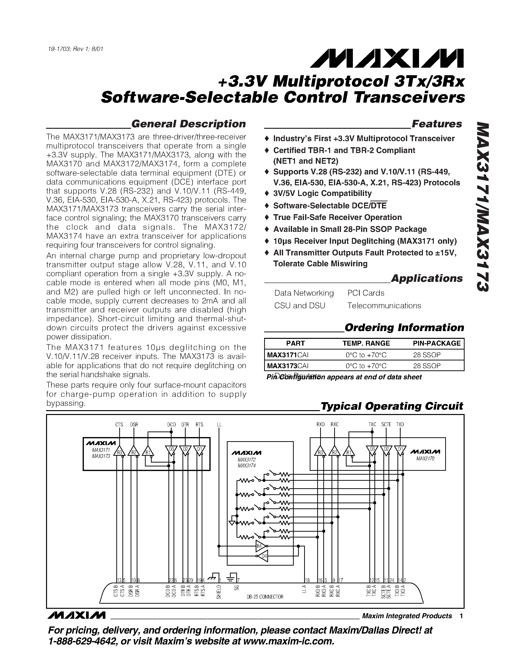 Datasheet MAX3171 - +3.3V Multiprotocol 3Tx/3Rx Software-Selectable Control Transceivers page 1