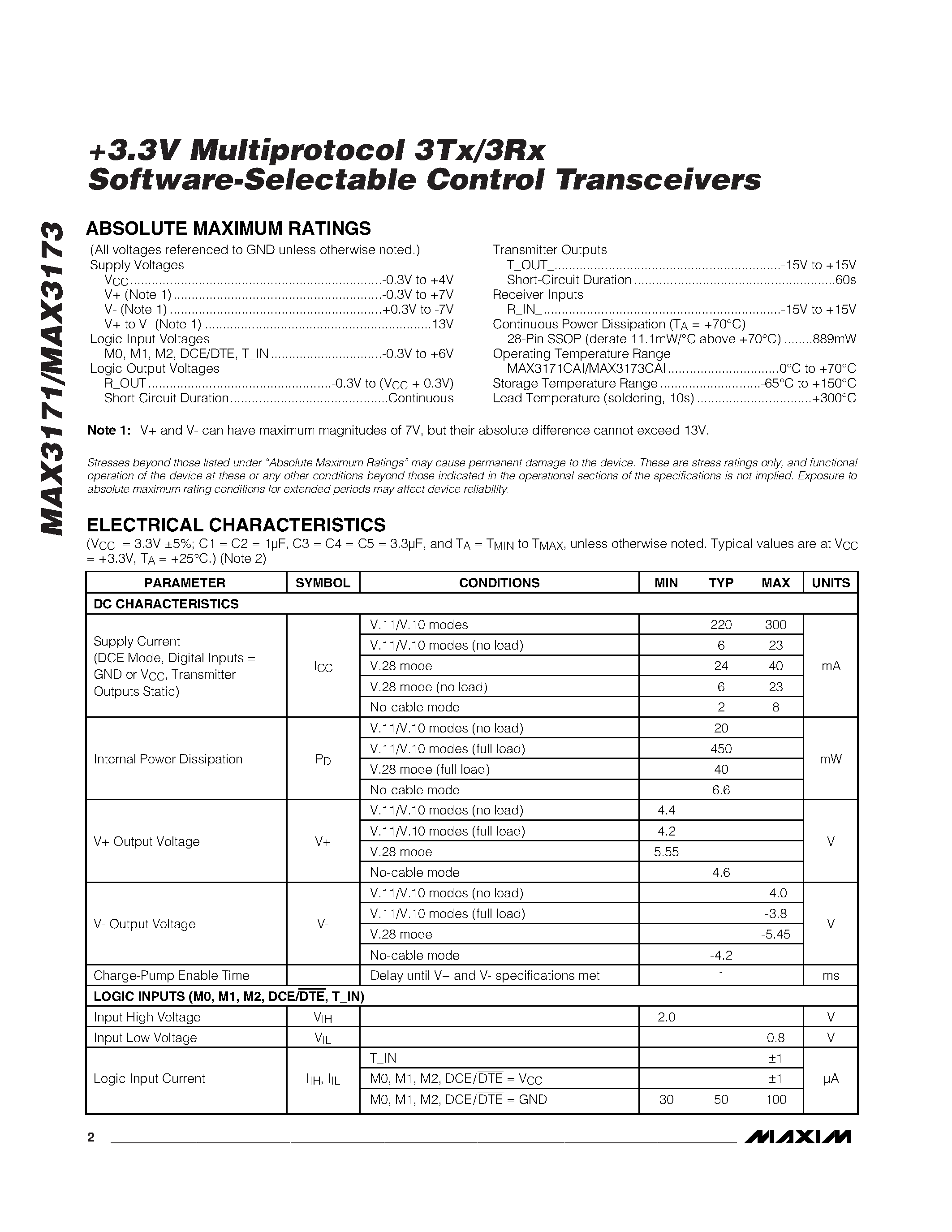 Datasheet MAX3171 - +3.3V Multiprotocol 3Tx/3Rx Software-Selectable Control Transceivers page 2