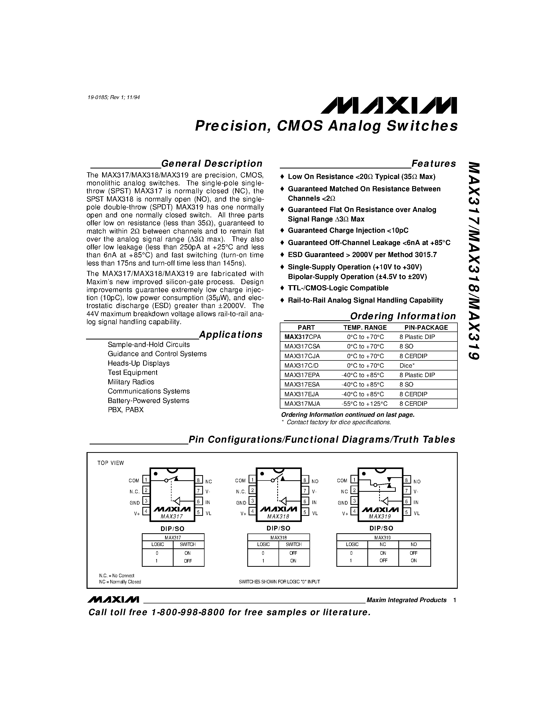 Datasheet MAX318 - Precision / CMOS Analog Switches page 1
