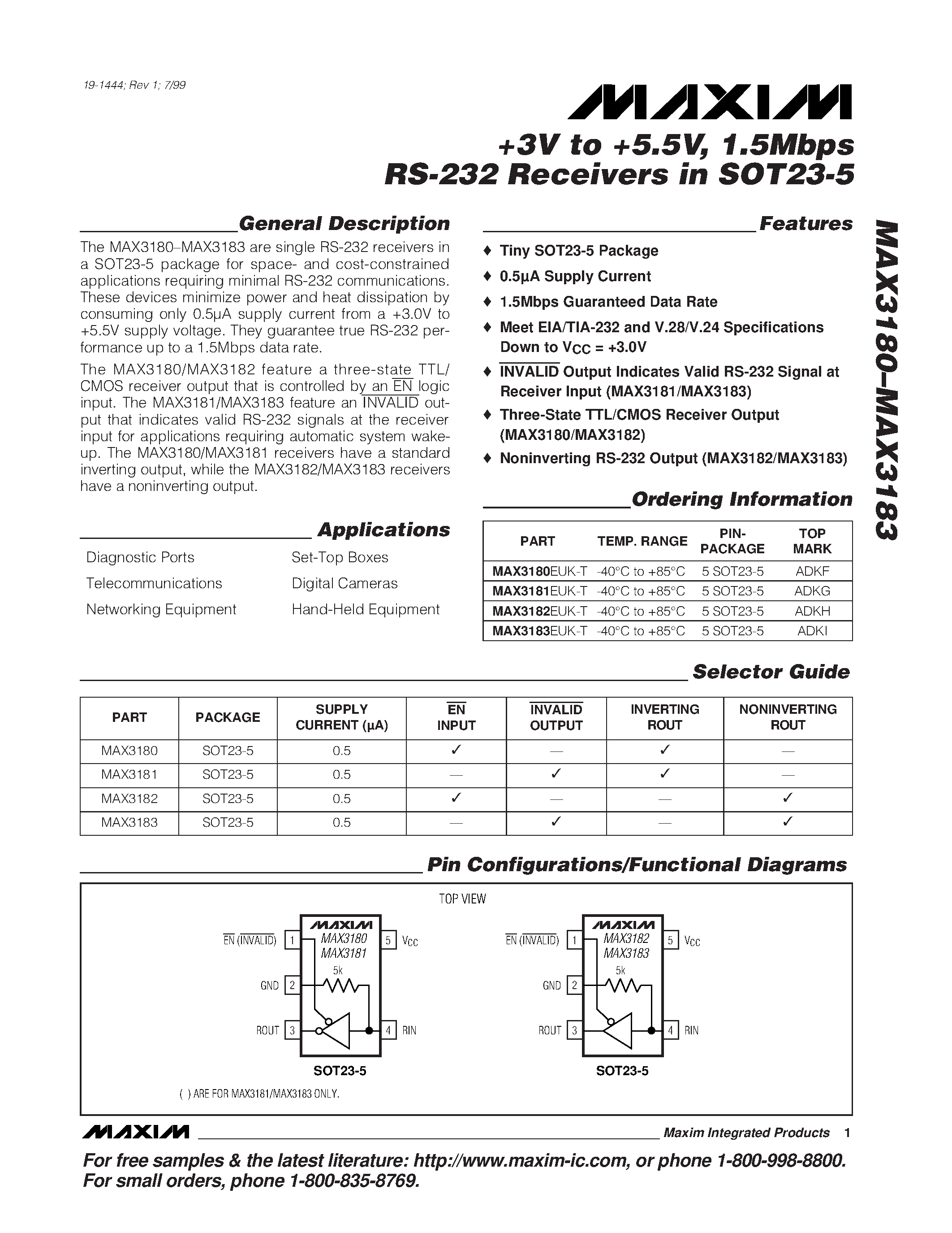 Datasheet MAX3180 - +3V to +5.5V / 1.5Mbps RS-232 Receivers in SOT23-5 page 1
