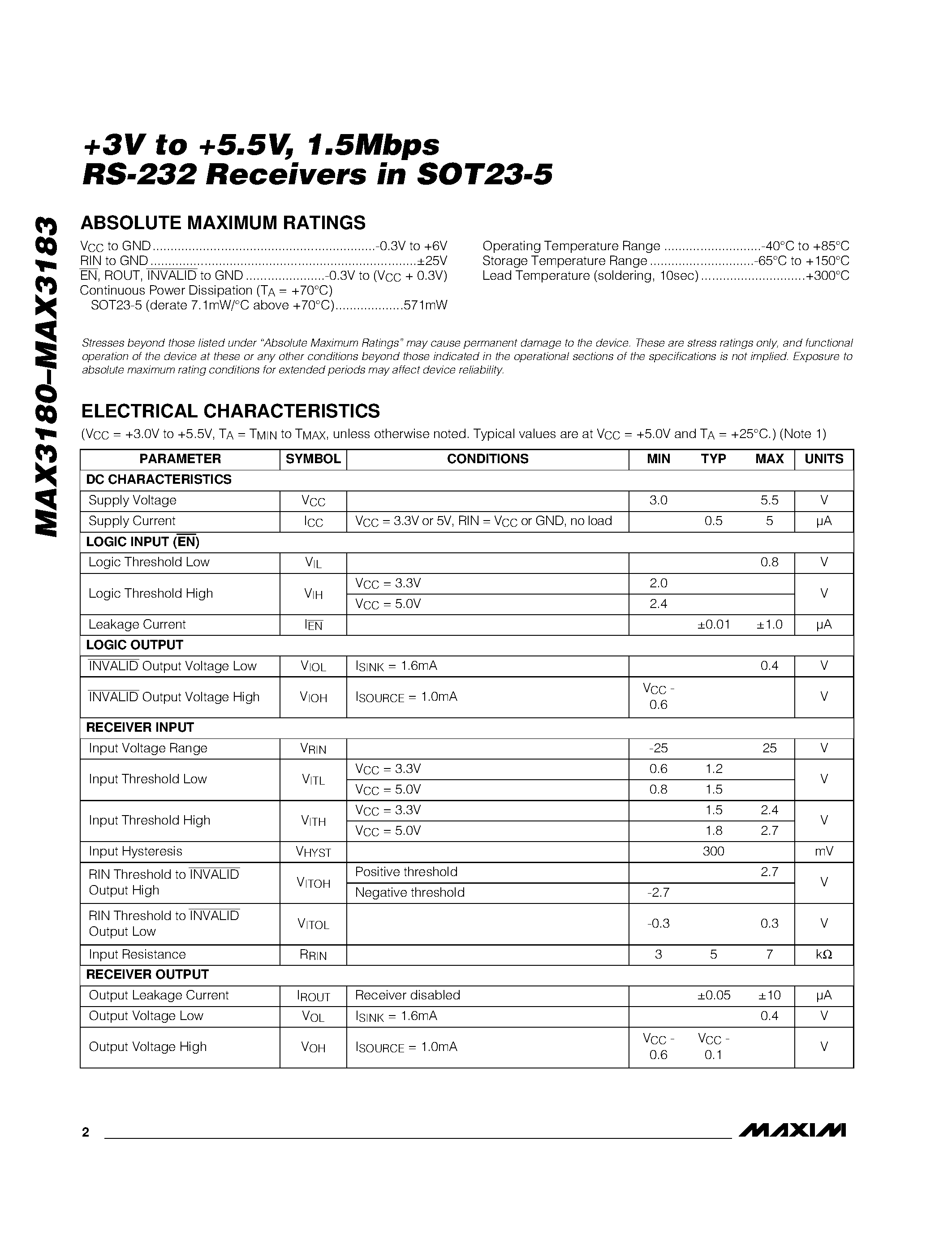 Datasheet MAX3180 - +3V to +5.5V / 1.5Mbps RS-232 Receivers in SOT23-5 page 2