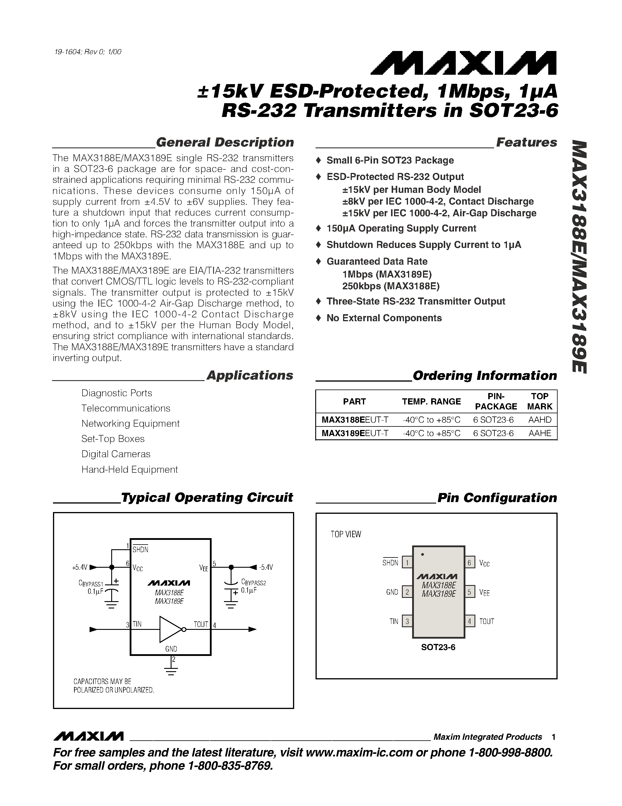 Datasheet MAX3188E - 15kV ESD-Protected / 1Mbps / 1A RS-232 Transmitters in SOT23-6 page 1