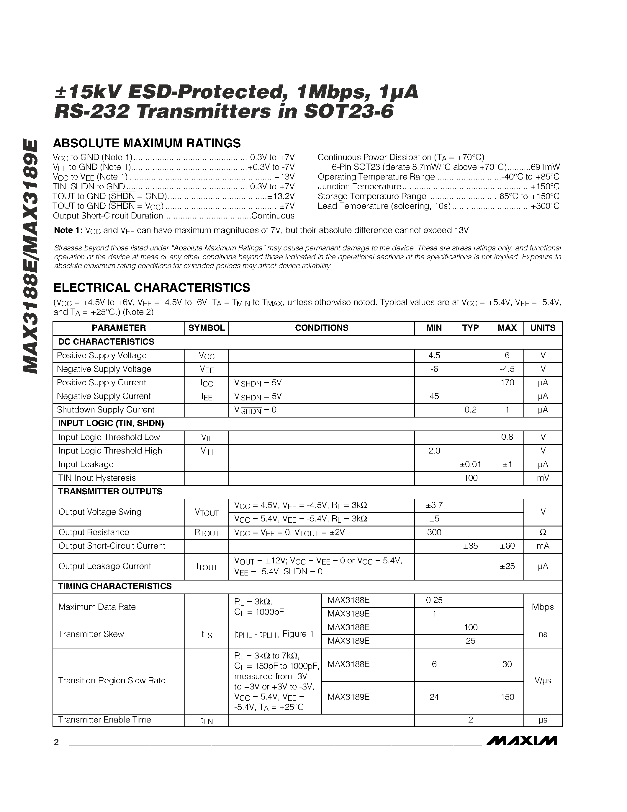 Datasheet MAX3188E - 15kV ESD-Protected / 1Mbps / 1A RS-232 Transmitters in SOT23-6 page 2