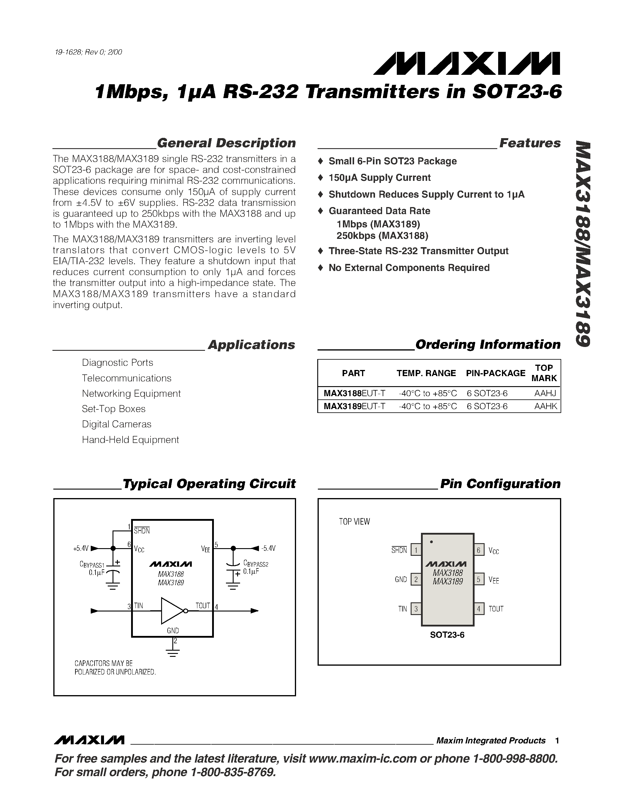 Datasheet MAX3189 - 1Mbps / 1A RS-232 Transmitters in SOT23-6 page 1