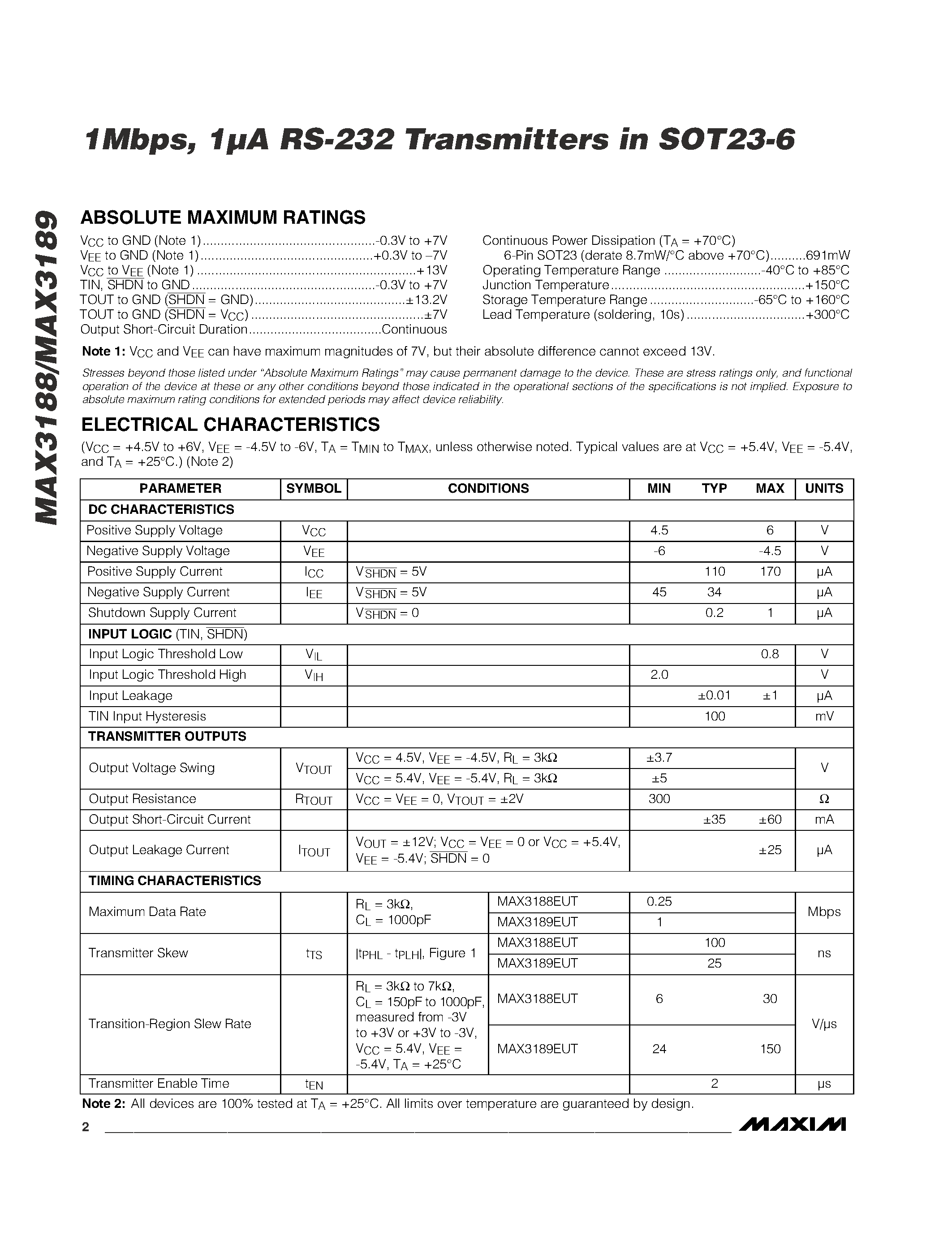 Datasheet MAX3189 - 1Mbps / 1A RS-232 Transmitters in SOT23-6 page 2
