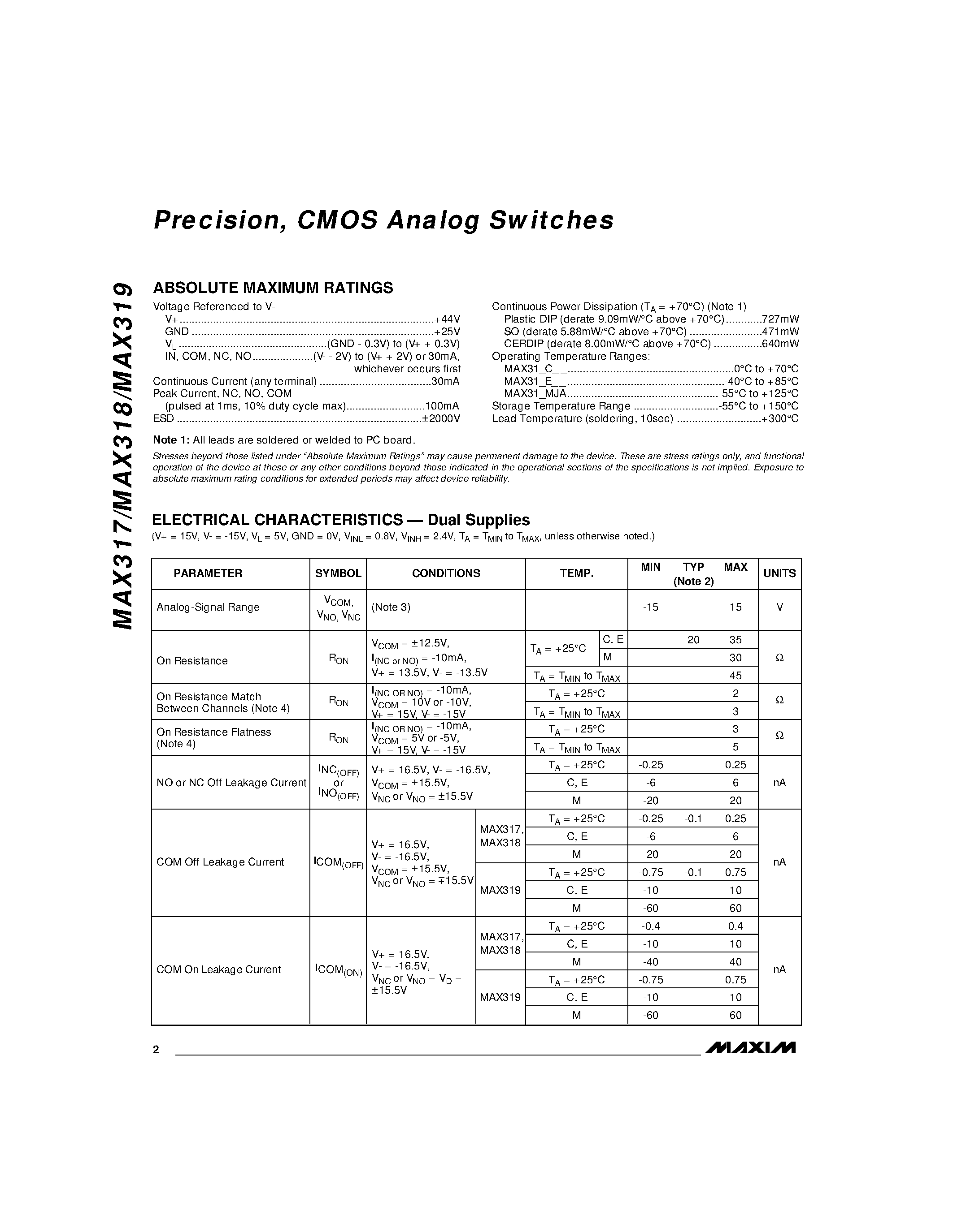 Datasheet MAX319 - Precision / CMOS Analog Switches page 2