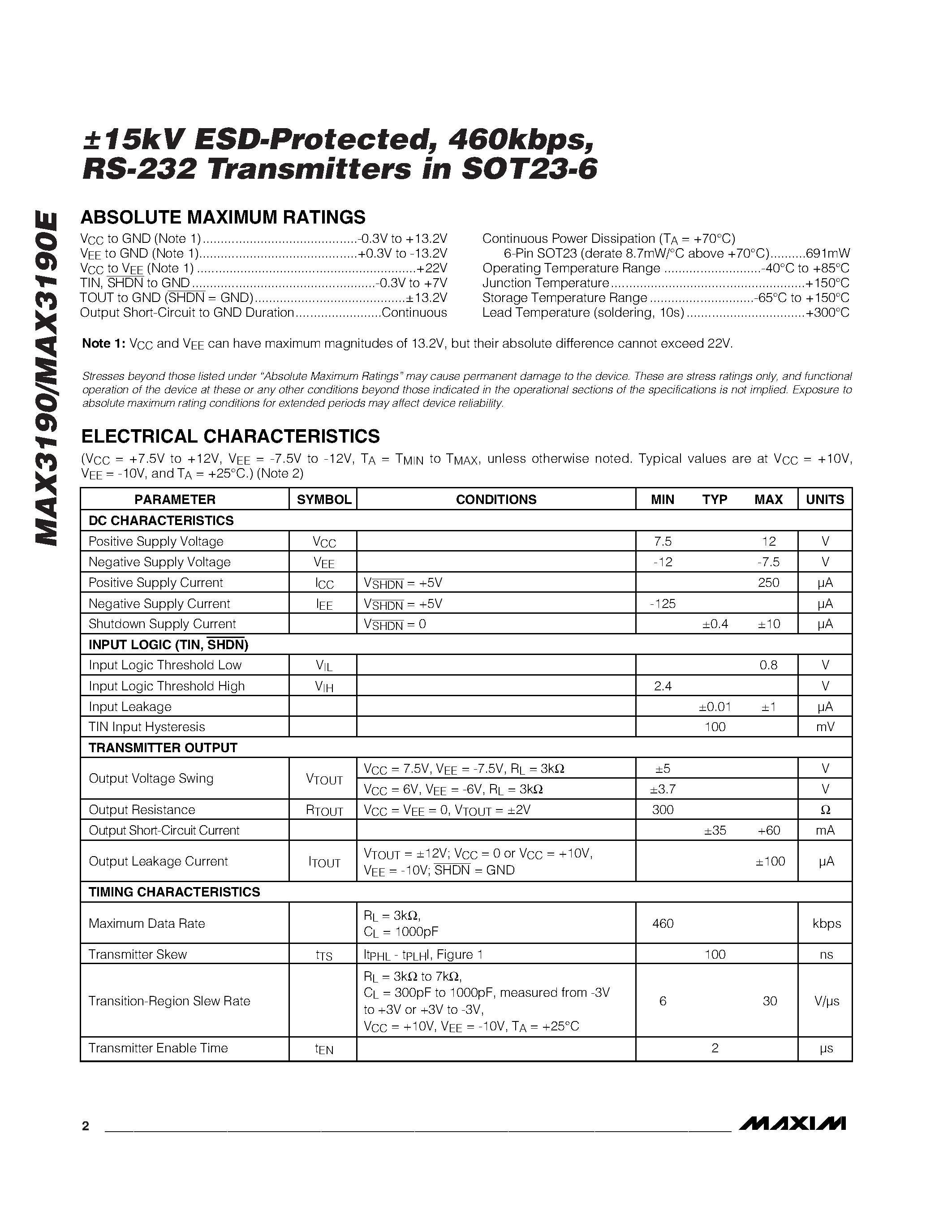 Datasheet MAX3190-MAX3190E - 15kV ESD-Protected / 460kbps / RS-232 Transmitters in SOT23-6 page 2
