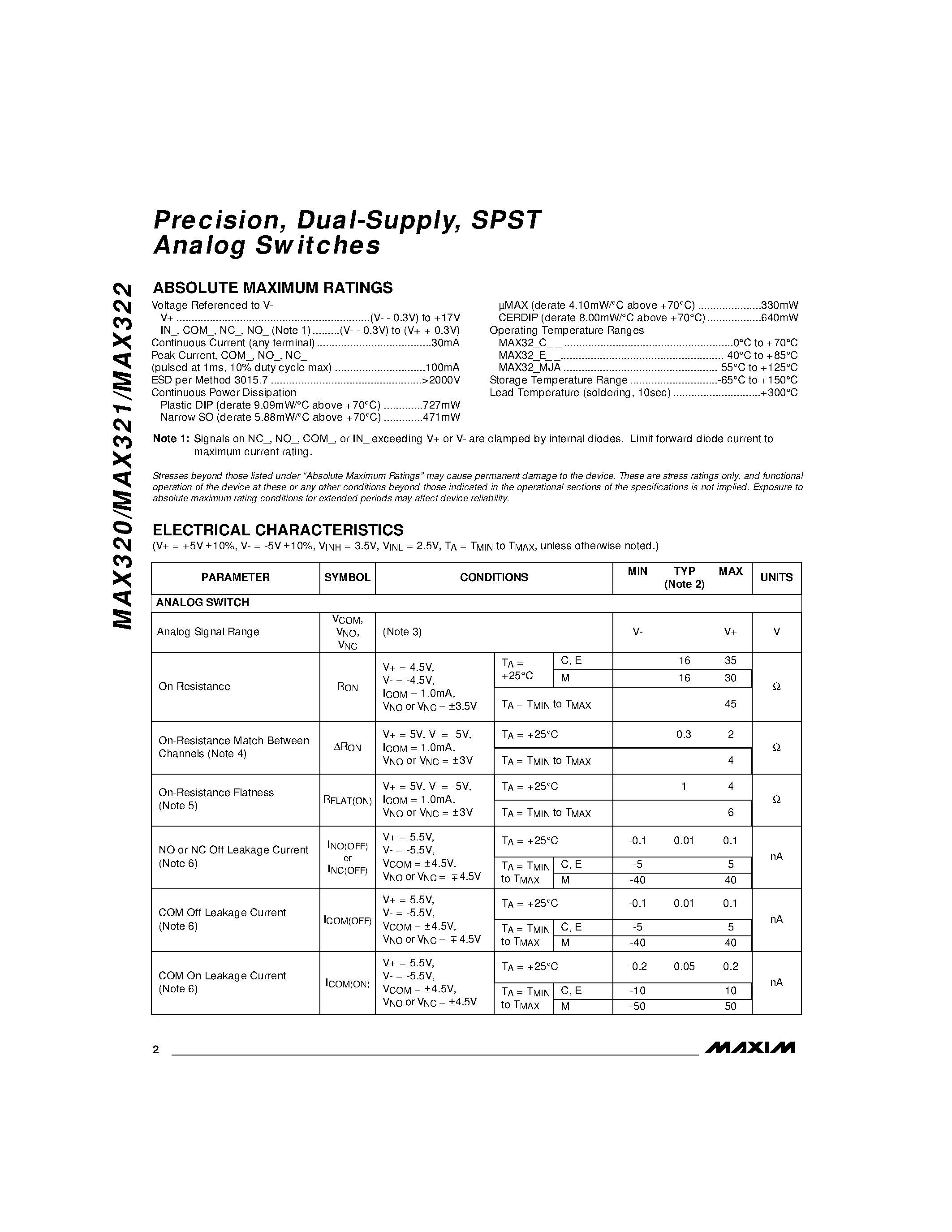 Datasheet MAX320 - Precision / Dual-Supply / SPST Analog Switches page 2