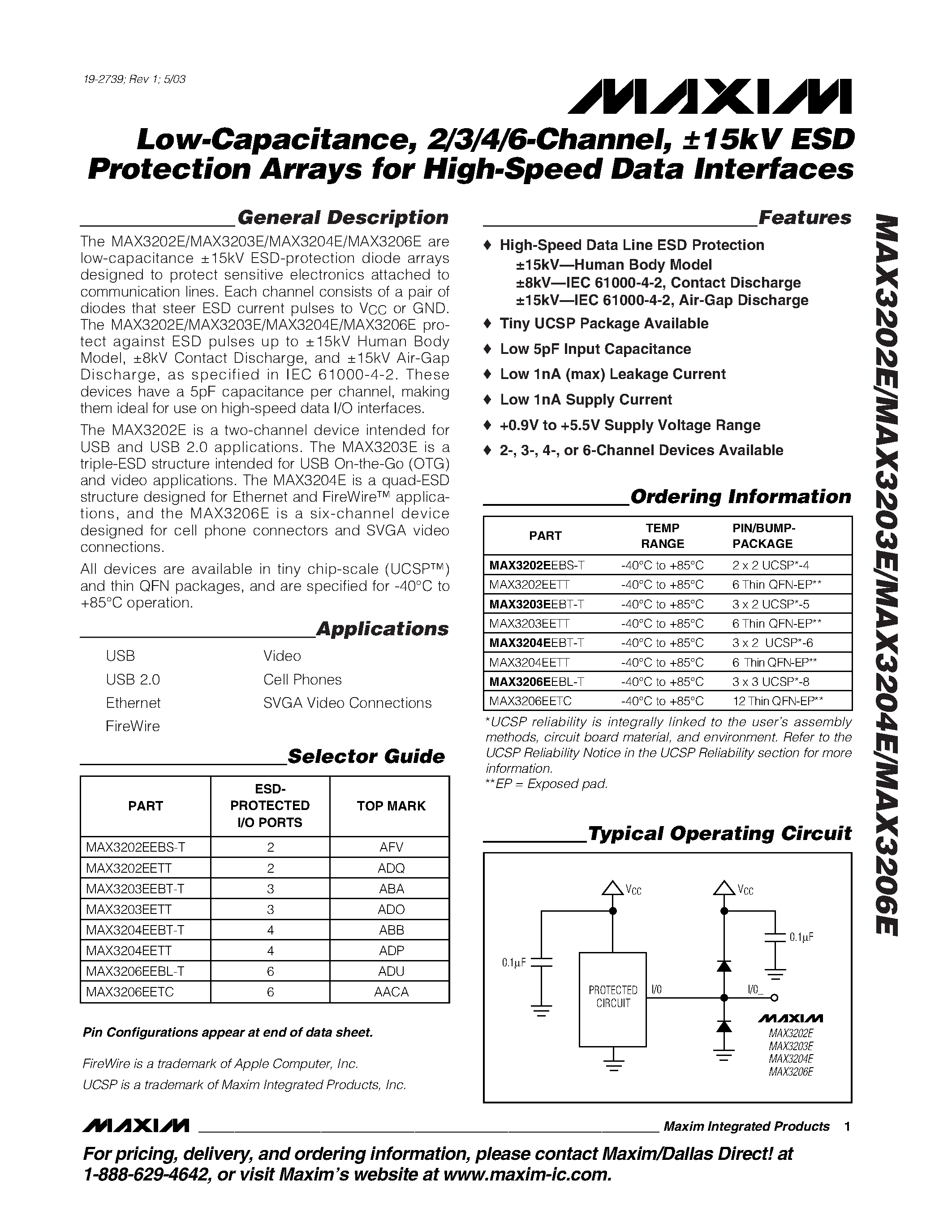 Datasheet MAX3202E - Low-Capacitance / 2/3/4/6-Channel / 15kV ESD Protection Arrays for High-Speed Data Interfaces page 1