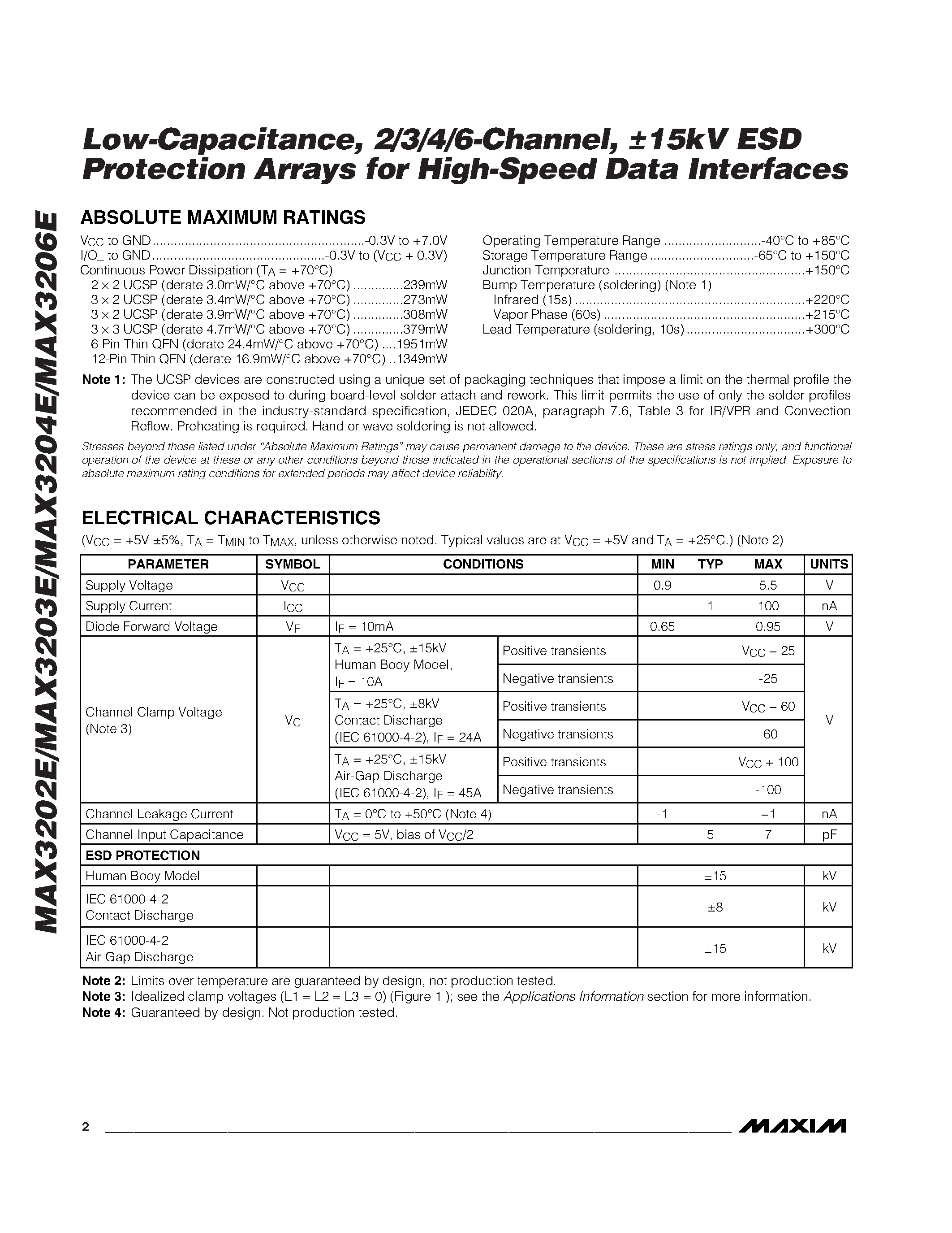 Datasheet MAX3203 - Low-Capacitance / 2/3/4/6-Channel / 15kV ESD Protection Arrays for High-Speed Data Interfaces page 2