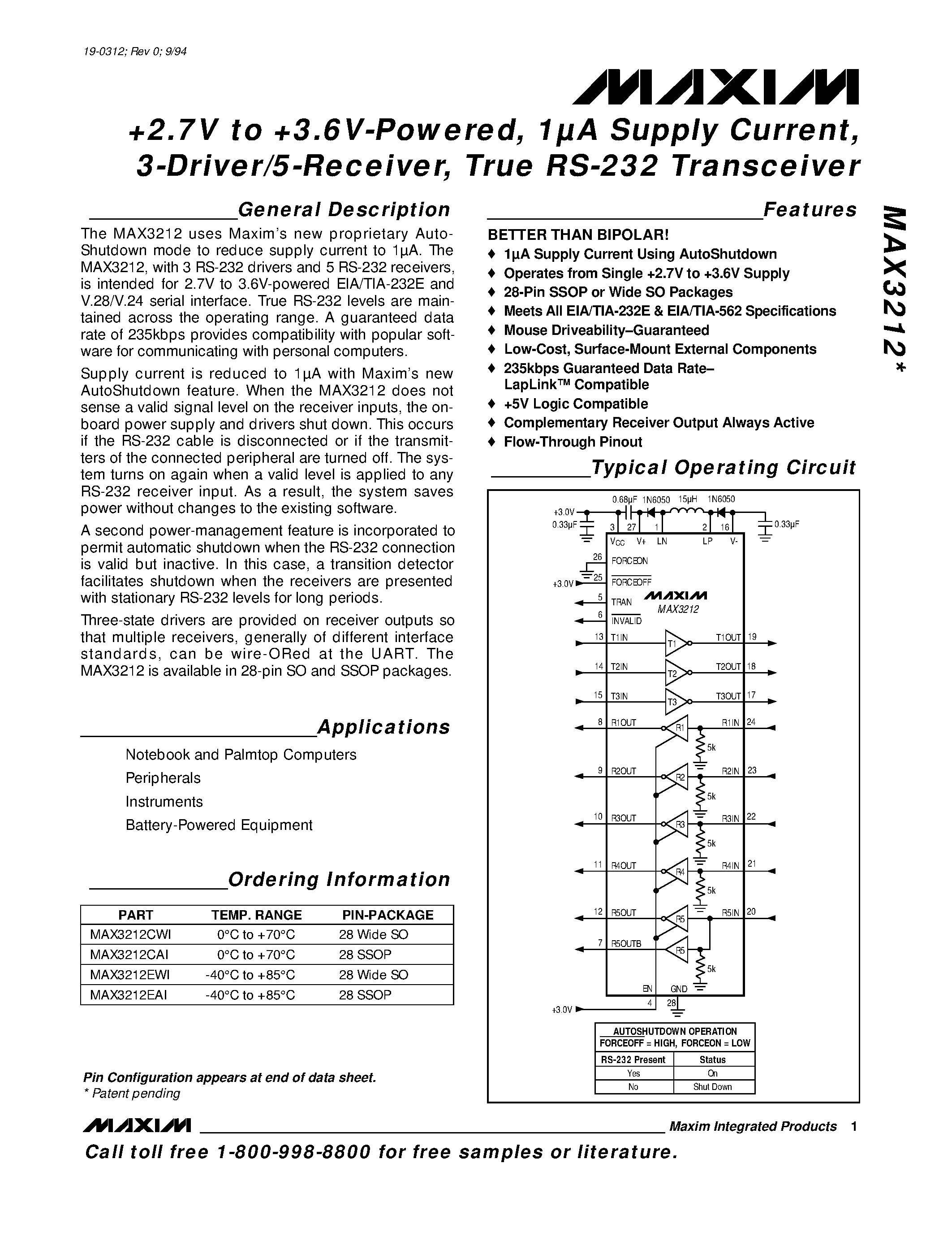 Datasheet MAX3212EWI - +2.7V to+3.6V-Powered / 1A Supply Current / 3-Driver/5-Receiver / True RS-232Transceiver page 1