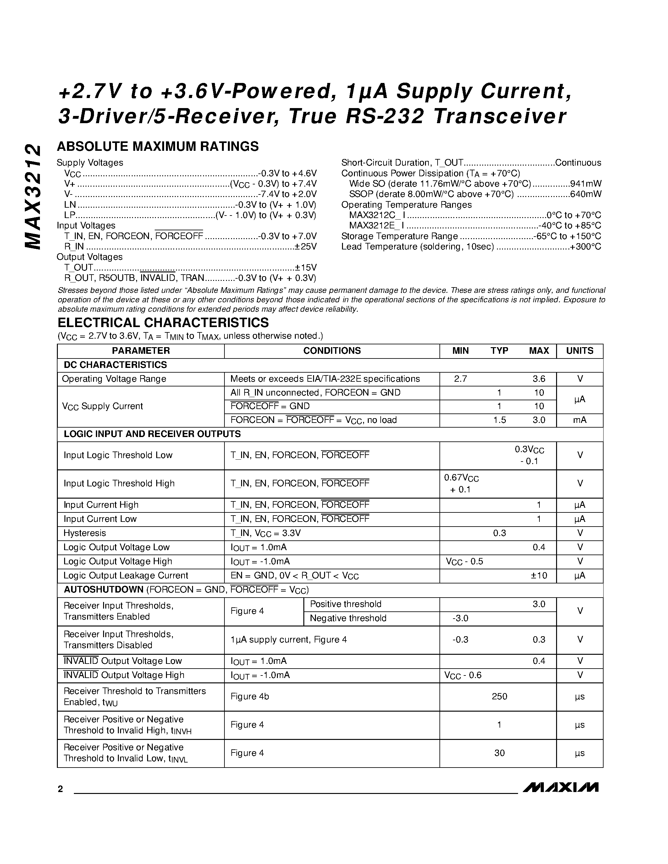 Datasheet MAX3212EWI - +2.7V to+3.6V-Powered / 1A Supply Current / 3-Driver/5-Receiver / True RS-232Transceiver page 2