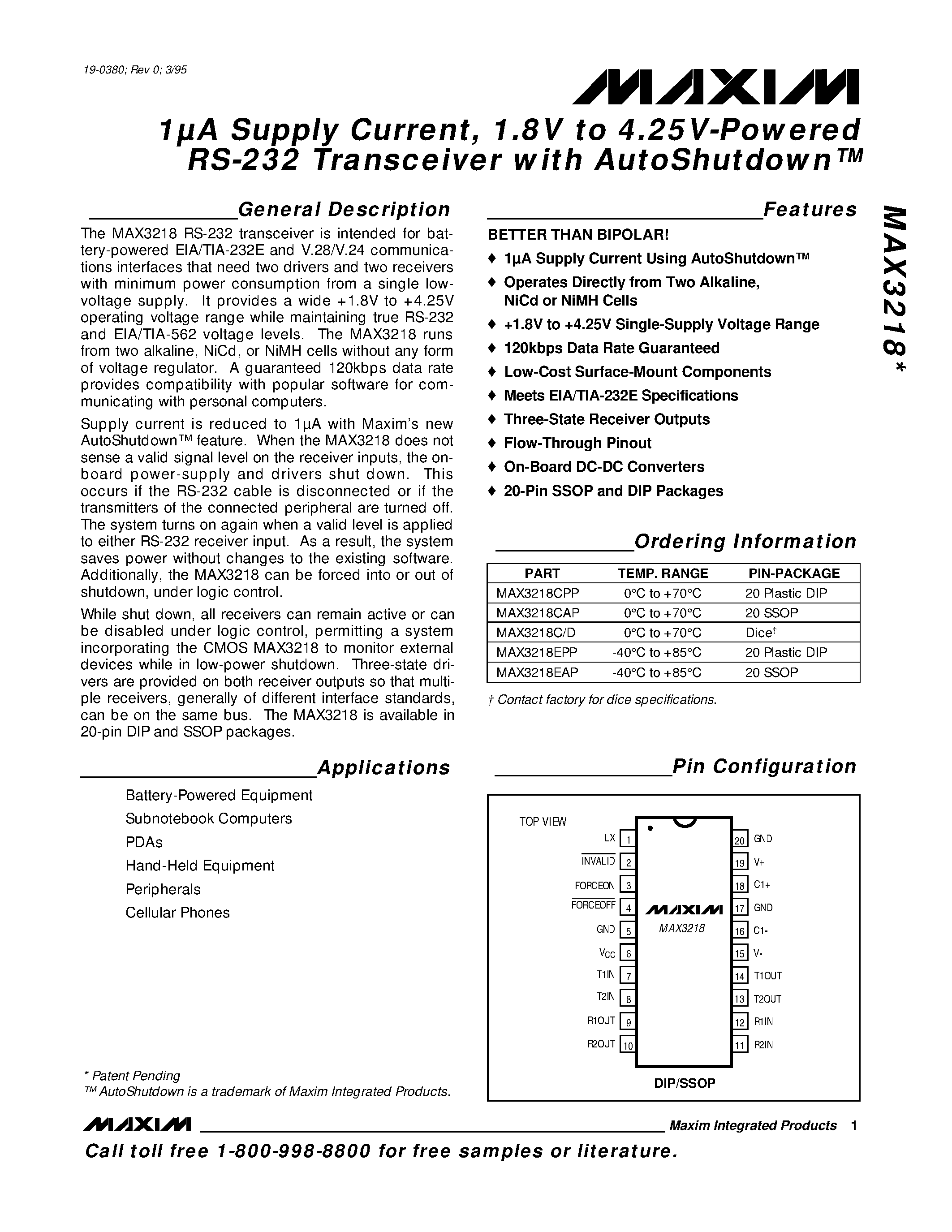 Datasheet MAX3218CPP - 1A Supply Current / 1.8V to 4.25V-Powered RS-232 Transceiver with AutoShutdown page 1