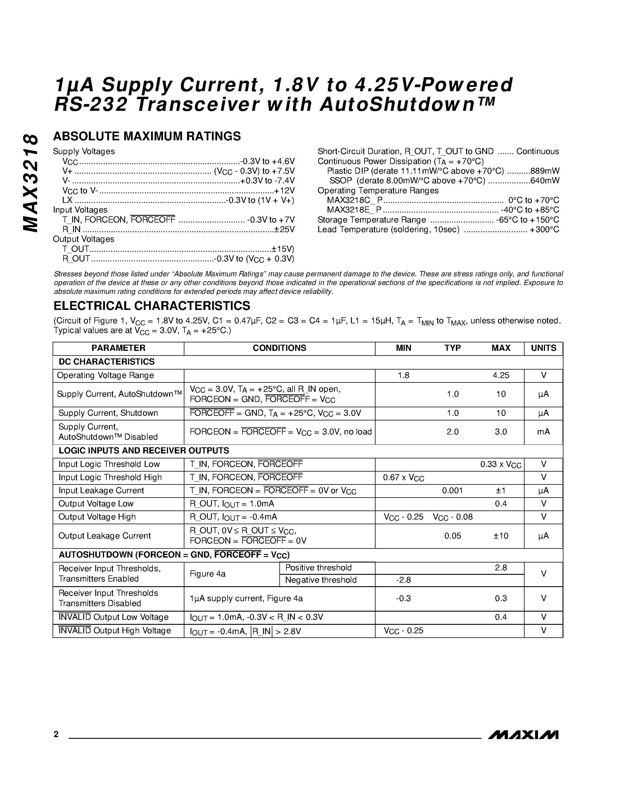 Datasheet MAX3218EPP - 1A Supply Current / 1.8V to 4.25V-Powered RS-232 Transceiver with AutoShutdown page 2
