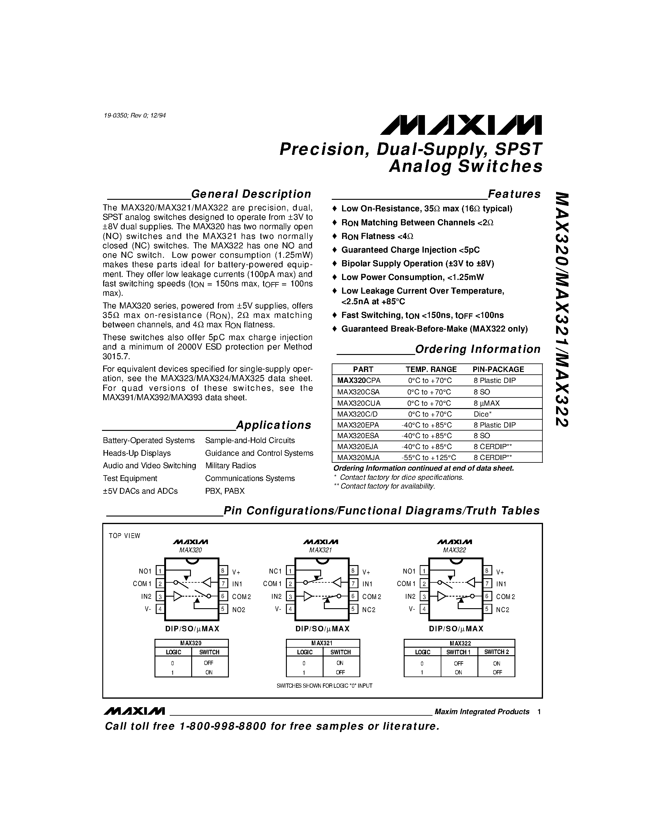 Datasheet MAX322 - Precision / Dual-Supply / SPST Analog Switches page 1