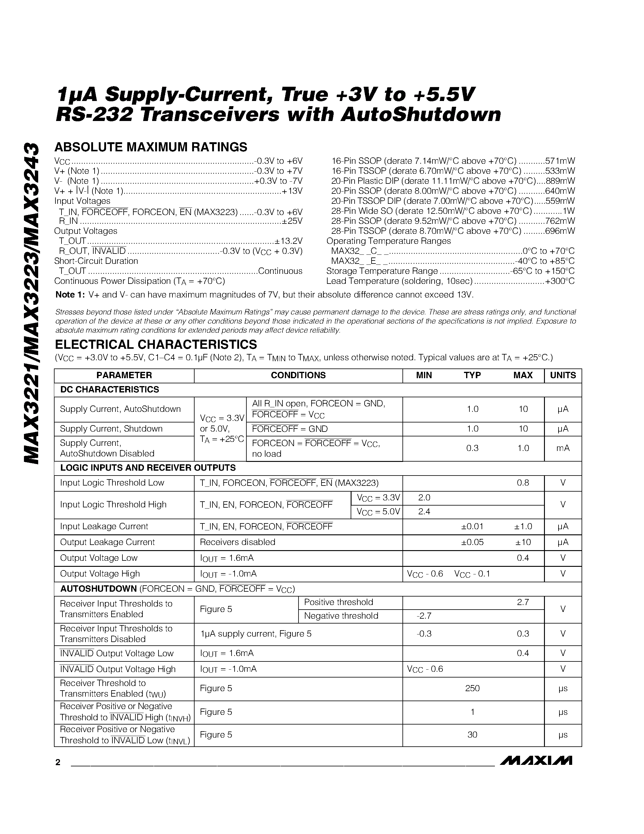 Даташит на микросхему MAX3221-MAX3243 страница 2 Даташит MAX3221-MAX3243 - 1A Supply Current / True +3V to +5.5V RS 232 Transceiver with AutoShutdown страница 2