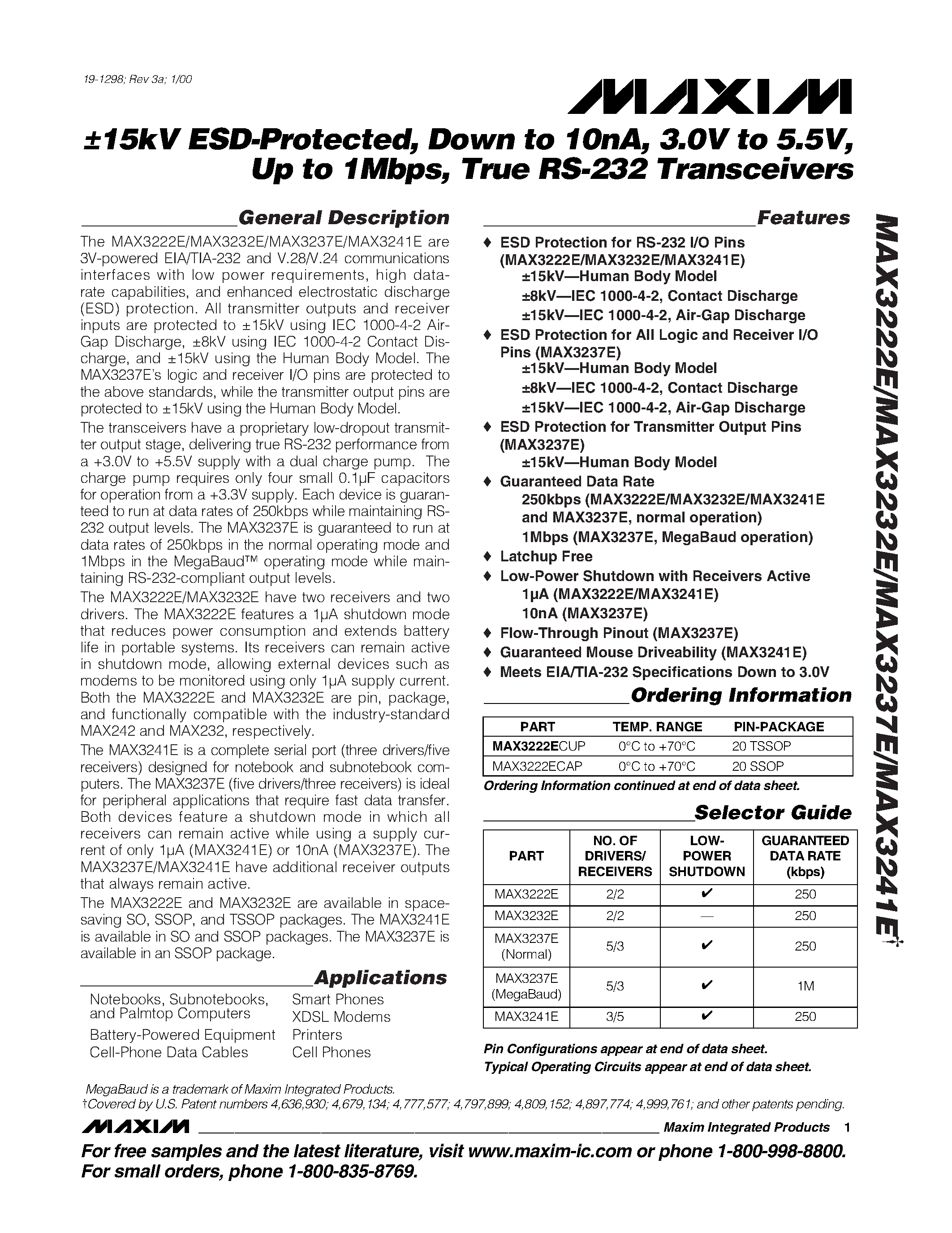 Datasheet MAX3222E - 15kV ESD-Protected / Down to 10nA / 3.0V to 5.5V / Up to 1Mbps / True RS-232 Transceivers page 1