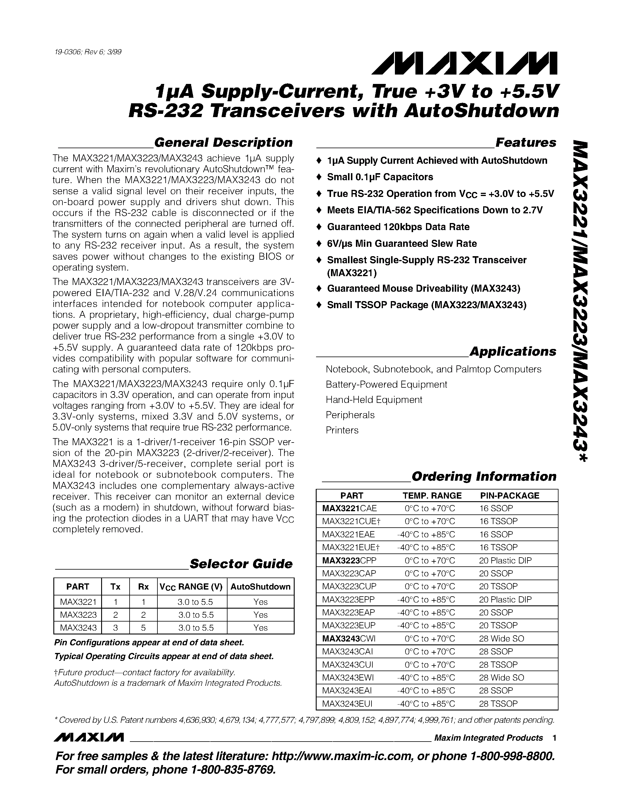 Datasheet MAX3223 page 1 Datasheet MAX3223 - 1A Supply Current / True +3V to +5.5V RS 232 Transceiver with AutoShutdown page 1