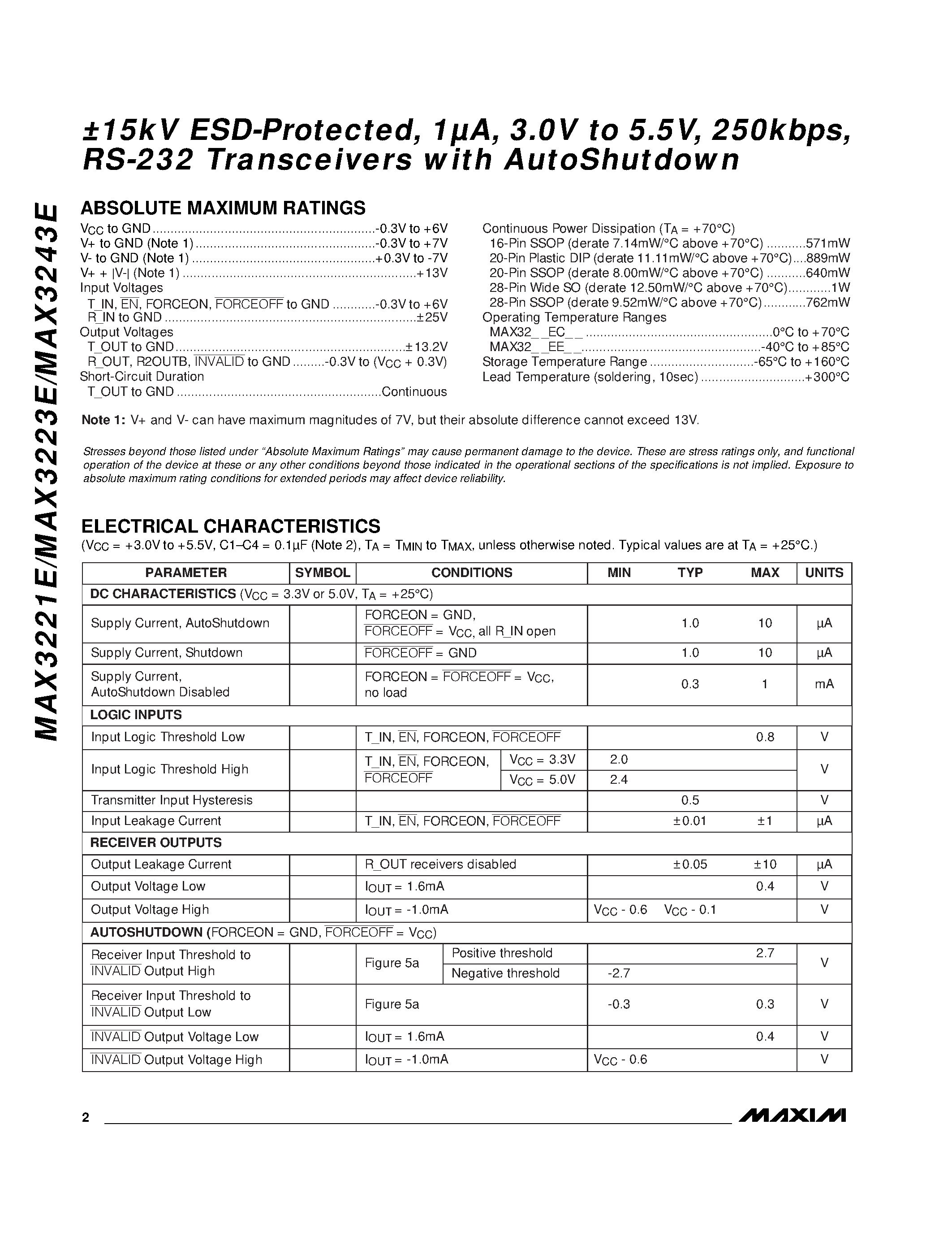 Datasheet MAX3223E - 15kV ESD-Protected / 1A / 3.0V to 5.5V / 250kbps / RS-232 Transceivers with AutoShutdown page 2