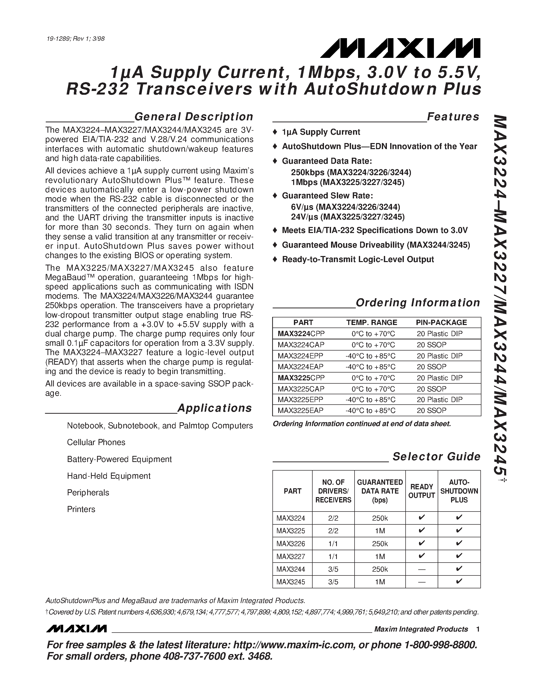 Datasheet MAX3227 - 1A Supply Current / 1Mbps / 3.0V to 5.5V / RS-232 Transceivers with AutoShutdown Plus page 1