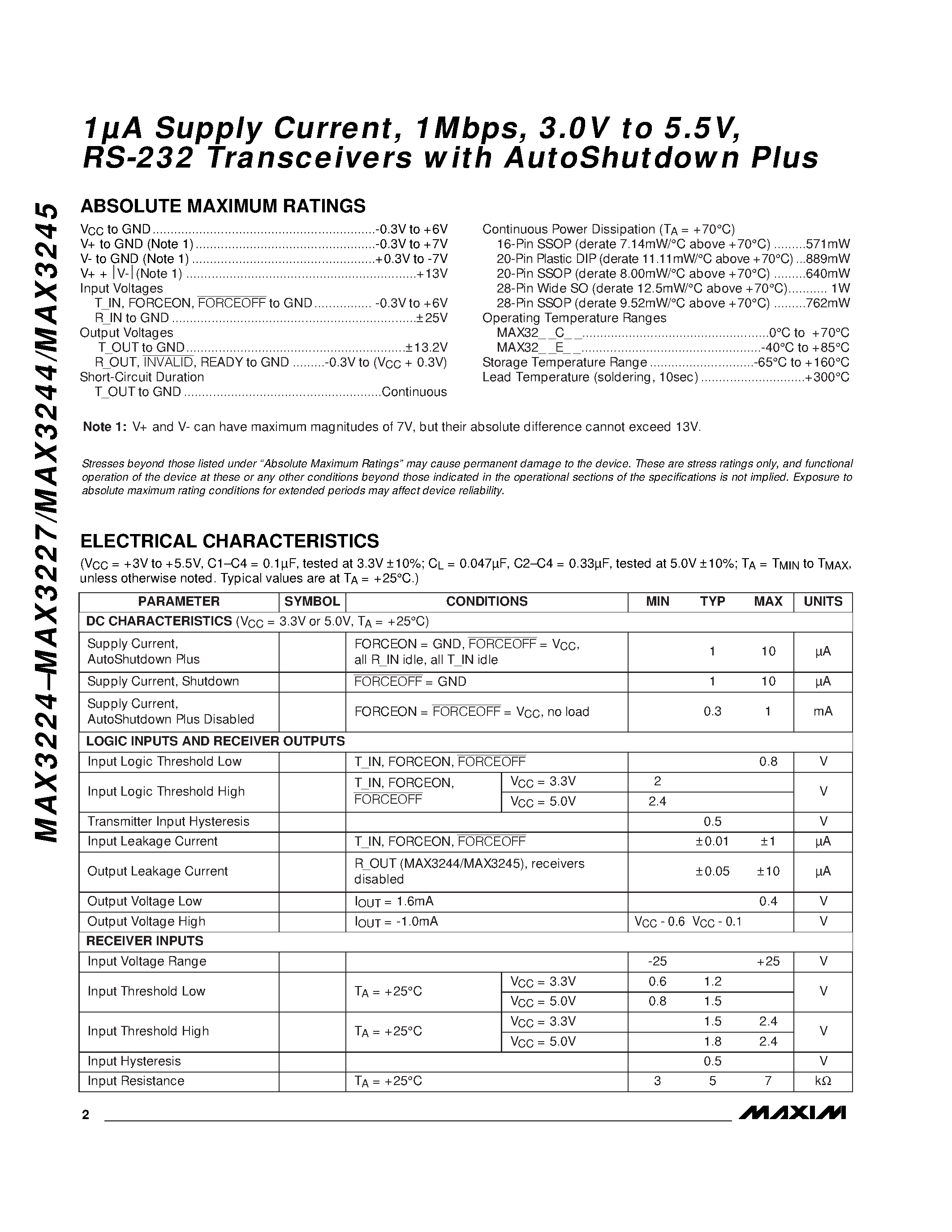 Datasheet MAX3227 - 1A Supply Current / 1Mbps / 3.0V to 5.5V / RS-232 Transceivers with AutoShutdown Plus page 2