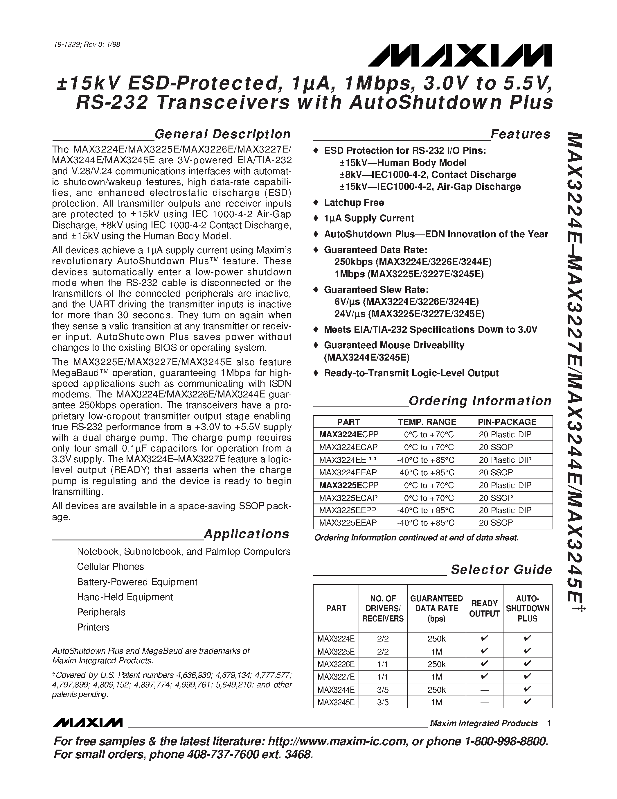 Datasheet MAX3227E - 15kV ESD-Protected / 1A / 1Mbps / 3.0V to 5.5V / RS-232 Transceivers with AutoShutdown Plus page 1