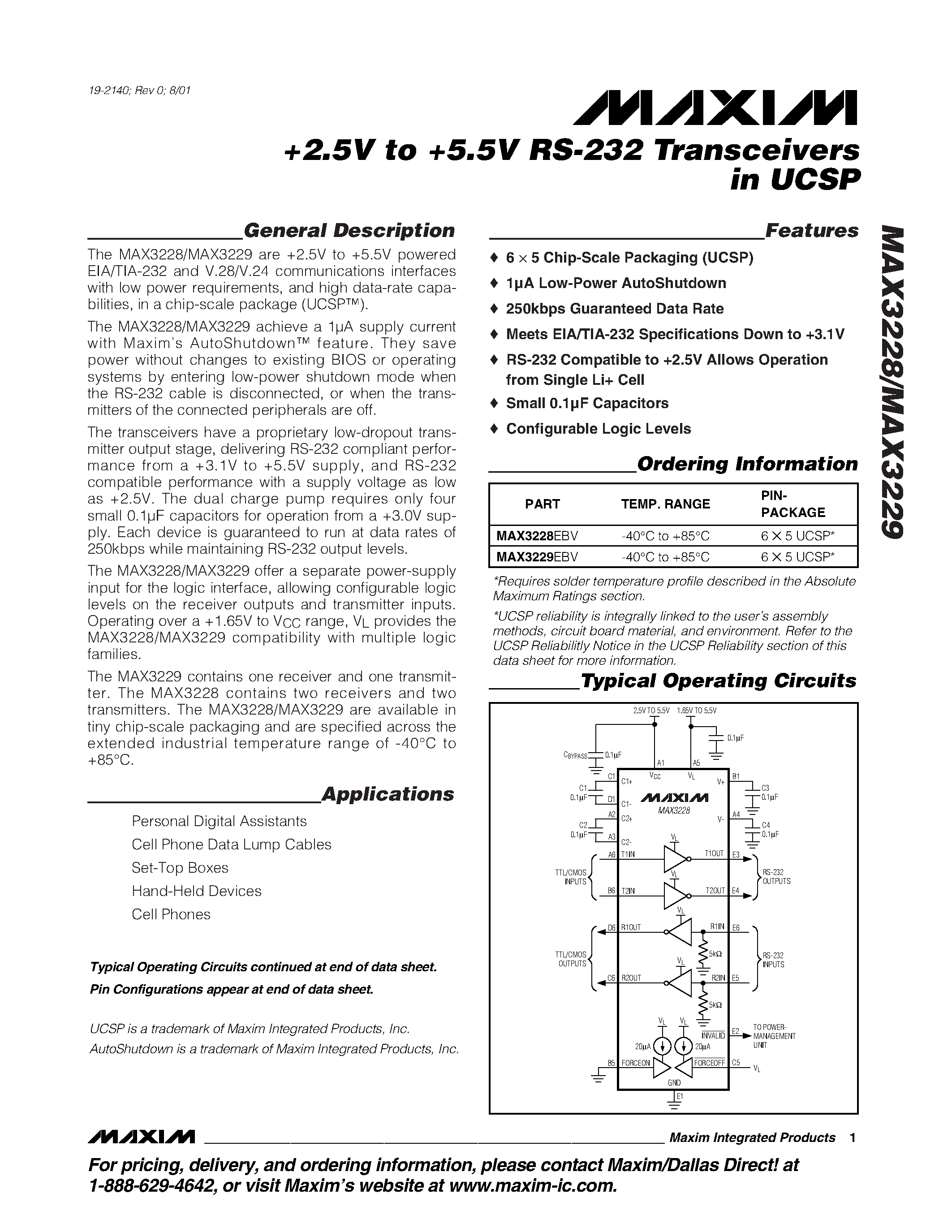 Datasheet MAX3228-MAX3229 - +2.5V to +5.5V RS-232 Transceivers in UCSP page 1