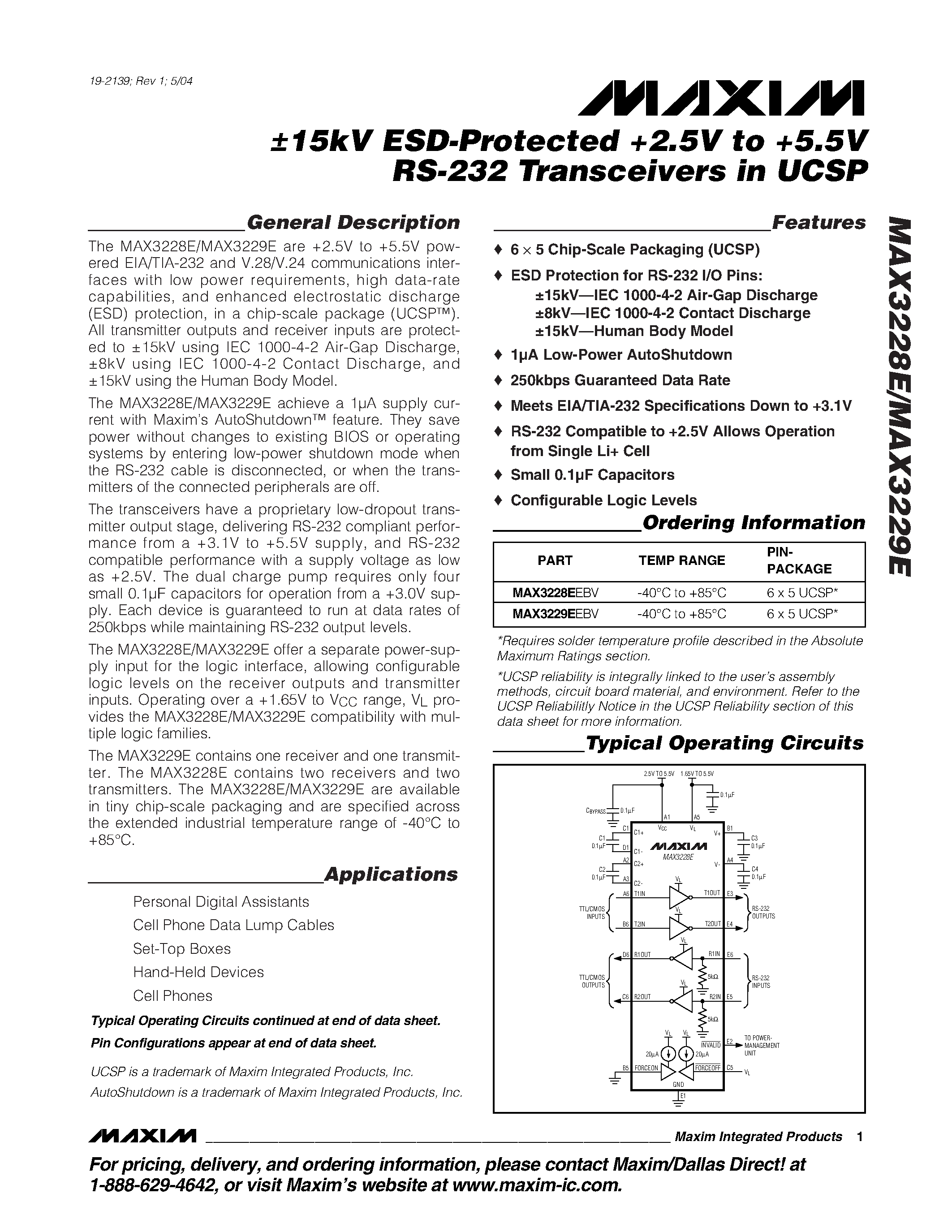 Datasheet MAX3228E-MAX3229E - 15kV ESD-Protected +2.5V to +5.5V RS-232 Transceivers in UCSP page 1