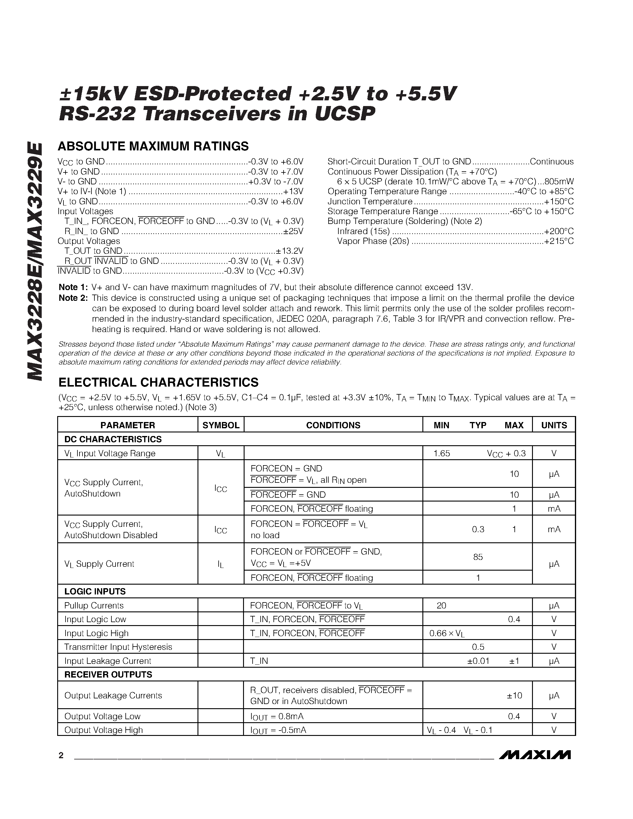 Datasheet MAX3228E-MAX3229E - 15kV ESD-Protected +2.5V to +5.5V RS-232 Transceivers in UCSP page 2