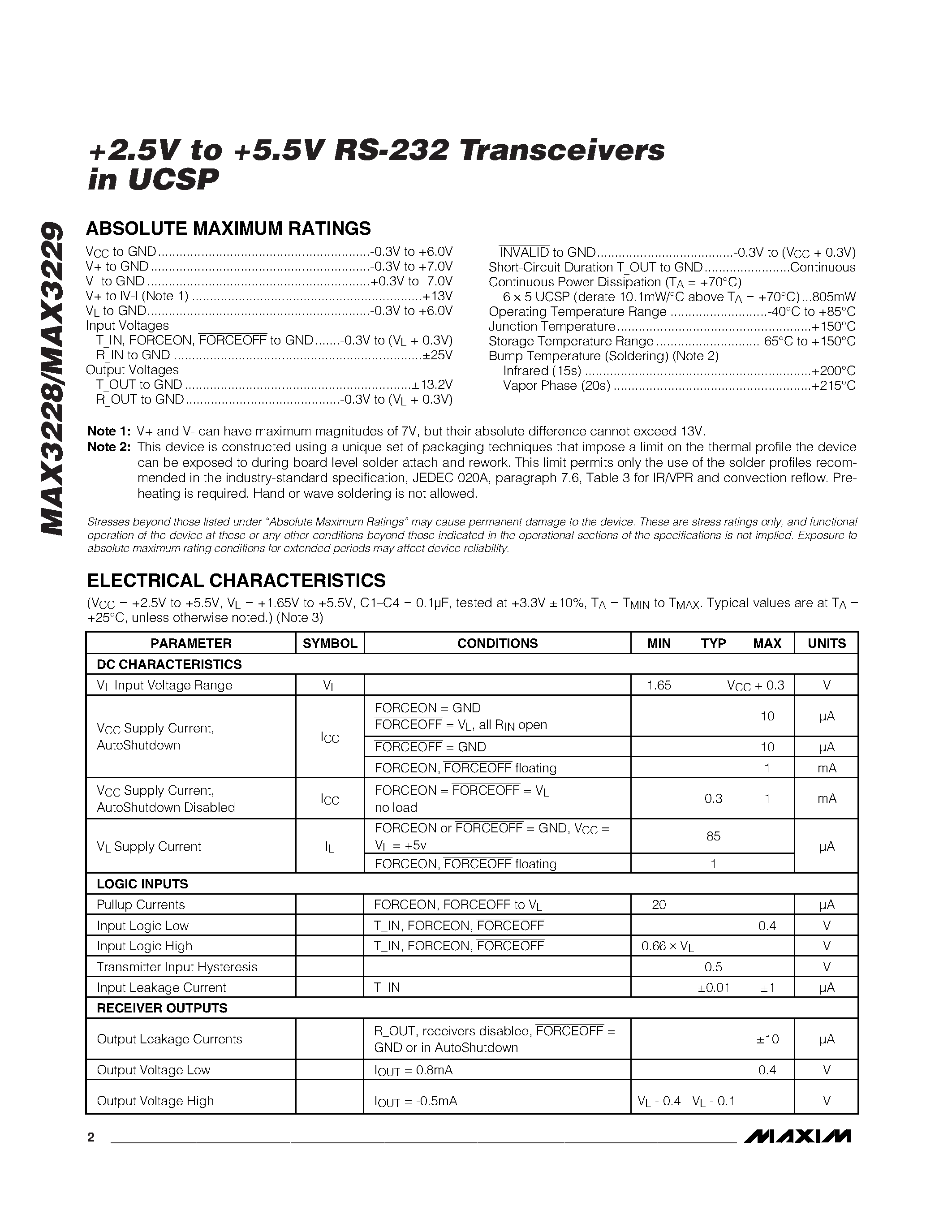 Datasheet MAX3229EBV - +2.5V to +5.5V RS-232 Transceivers in UCSP page 2