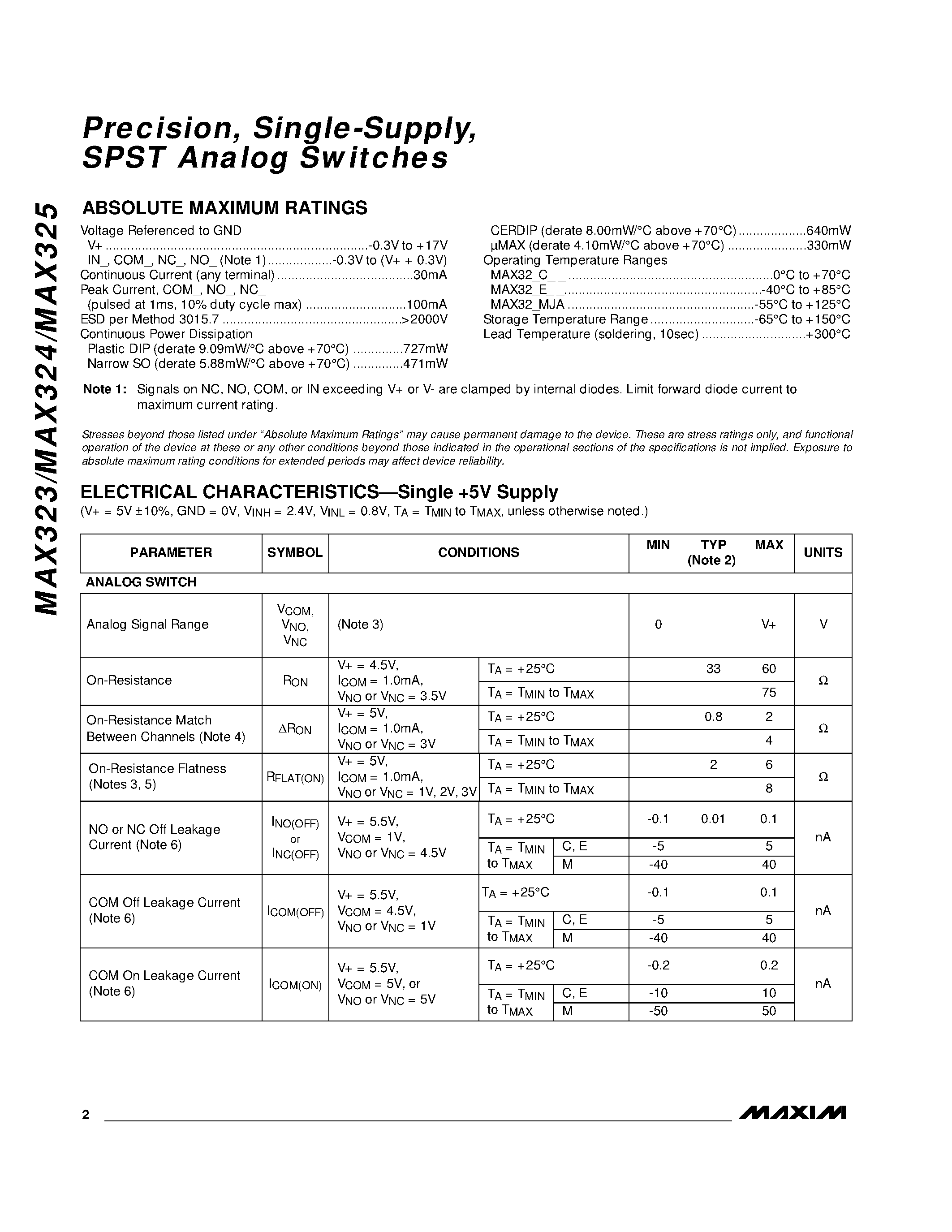 Datasheet MAX323 - Precision / Single-Supply / SPST Analog Switches page 2
