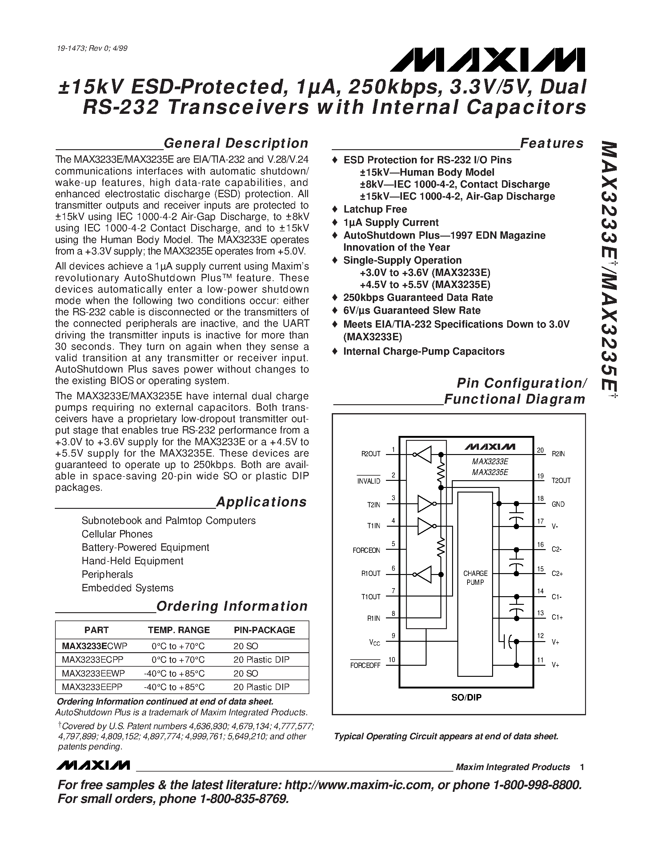 Datasheet MAX3235E - 15kV ESD-Protected / 1A / 250kbps / 3.3V/5V / Dual RS-232 Transceivers with Internal Capacitors page 1
