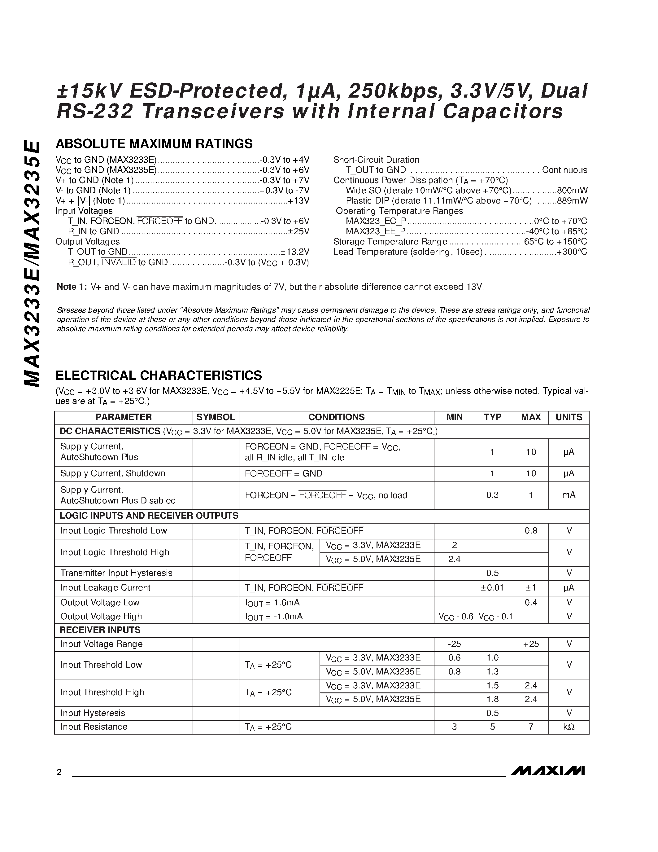 Datasheet MAX3235E - 15kV ESD-Protected / 1A / 250kbps / 3.3V/5V / Dual RS-232 Transceivers with Internal Capacitors page 2