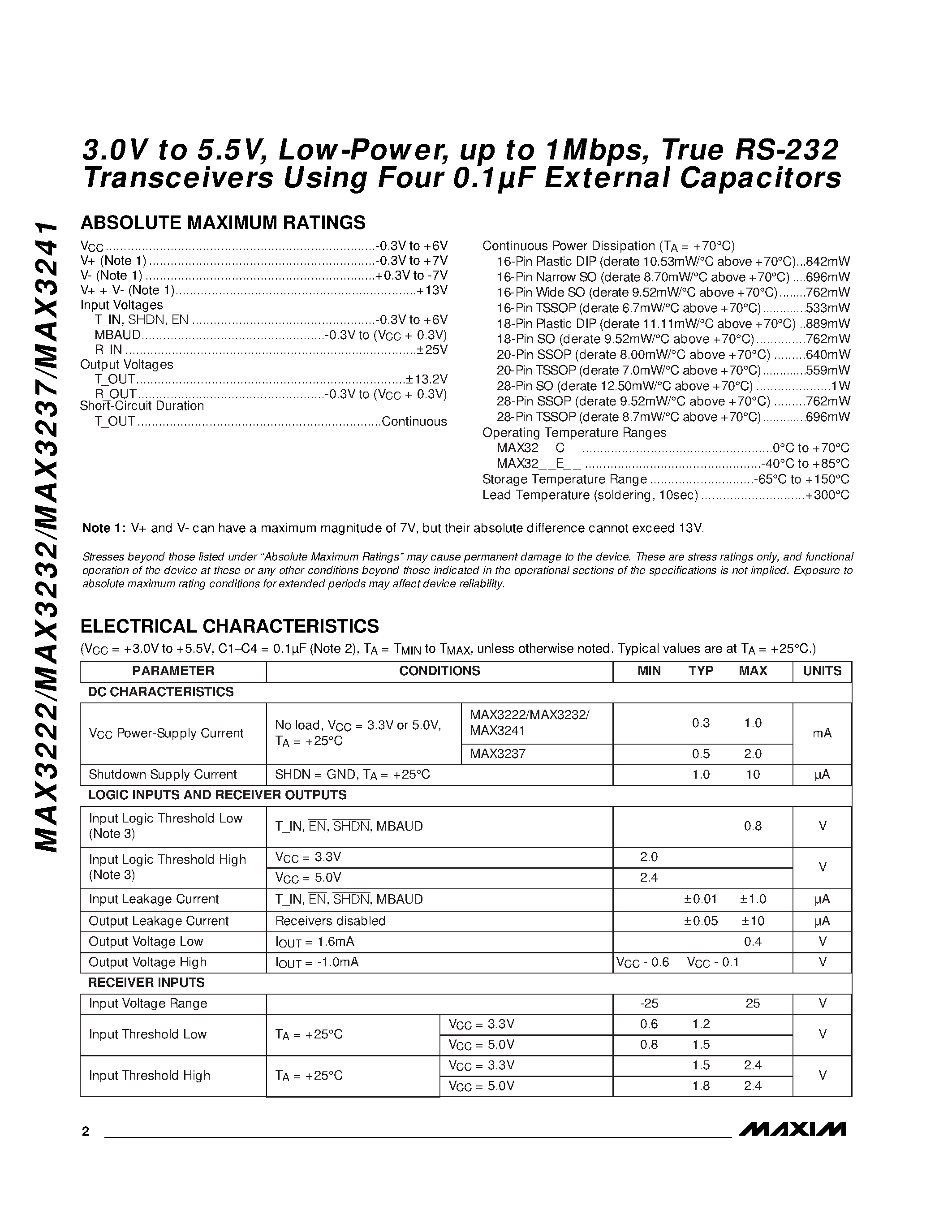 Datasheet MAX3237 - 3.0V to 5.5V / Low-Power / up to 1Mbps / True RS-232 Transceivers Using Four 0.1F External Capacitors page 2