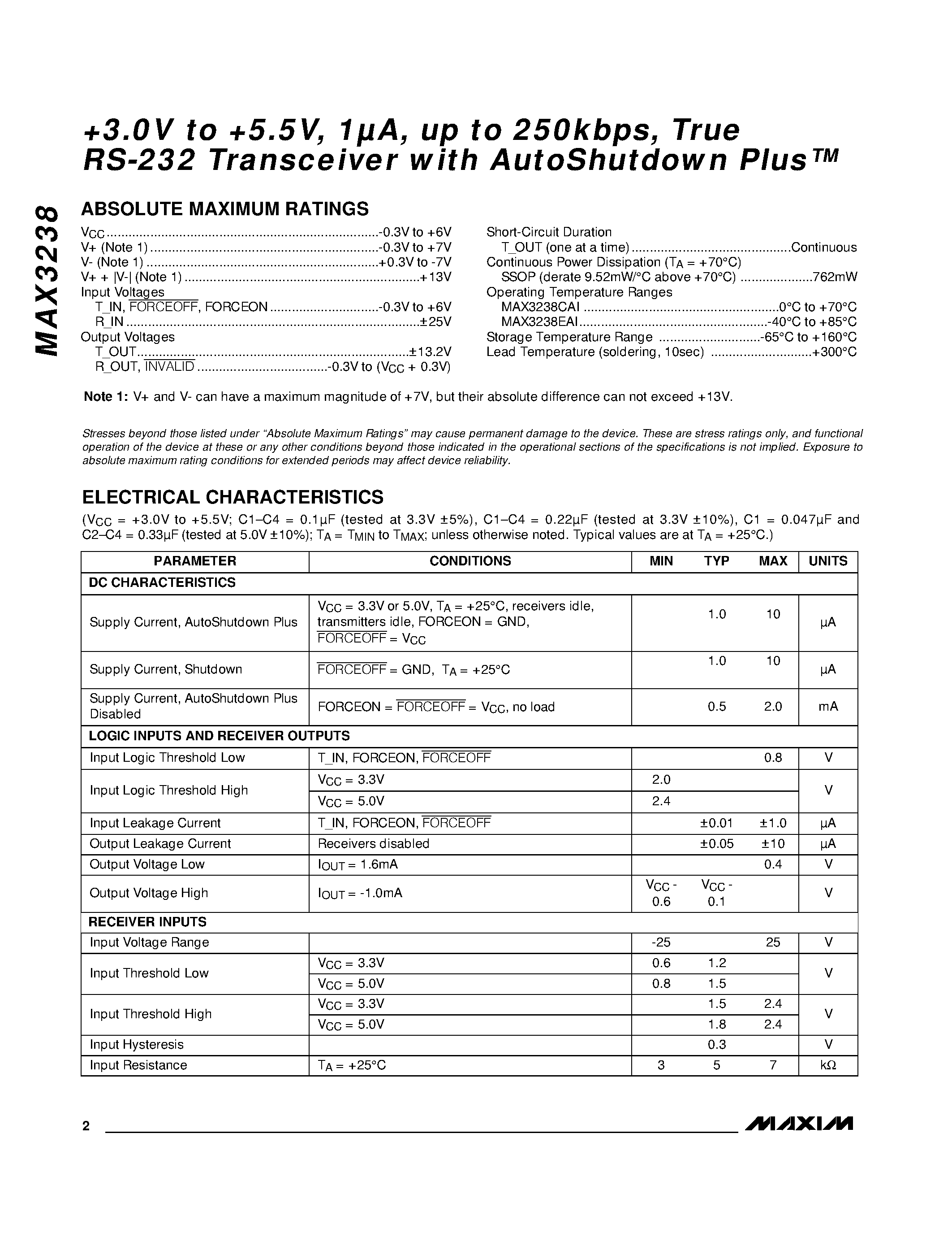 Datasheet MAX3238 - +3.0V to +5.5V / 1A / up to 250kbps / True RS-232 Transceiver with AutoShutdown Plus page 2