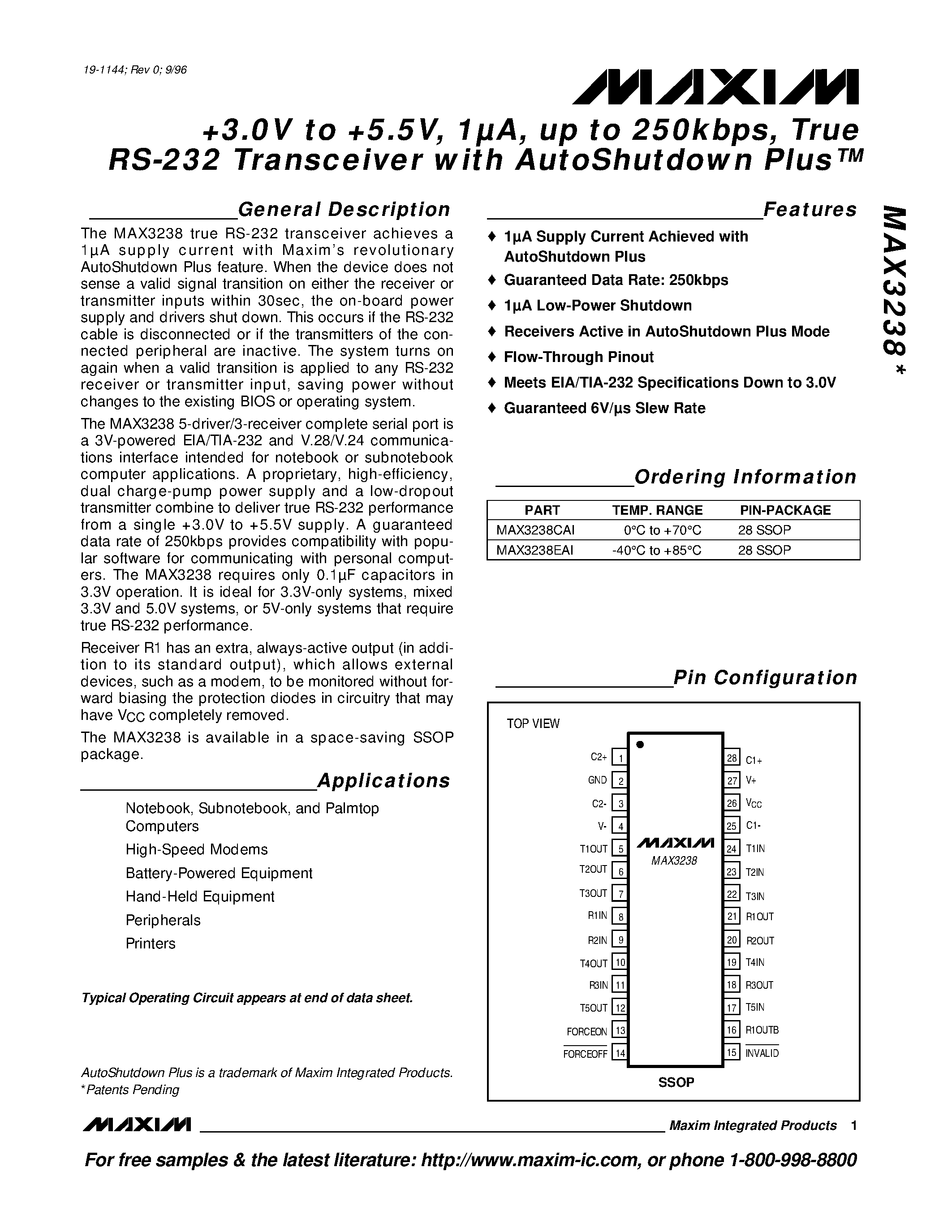 Datasheet MAX3238CAI - +3.0V to +5.5V / 1A / up to 250kbps / True RS-232 Transceiver with AutoShutdown Plus page 1