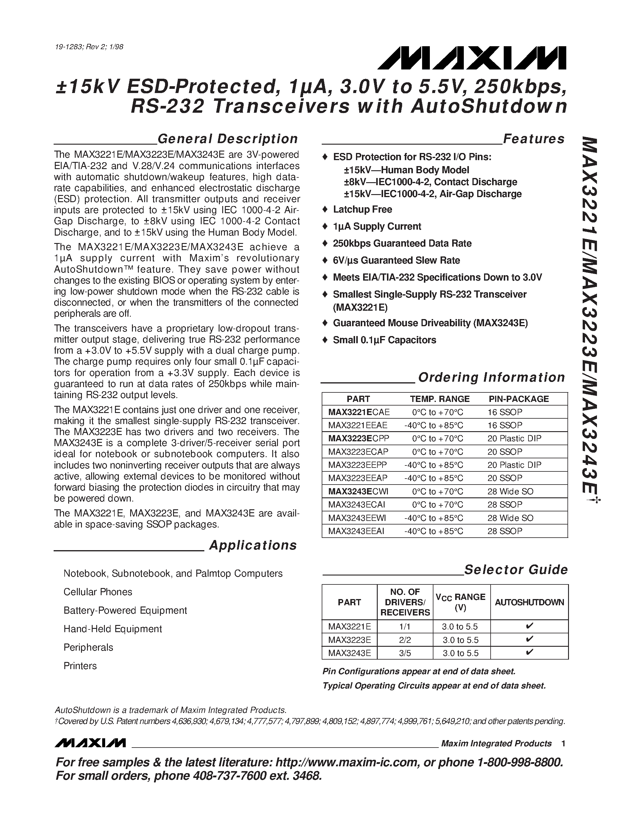 Datasheet MAX3243EEWI - 15kV ESD-Protected / 1A / 3.0V to 5.5V / 250kbps / RS-232 Transceivers with AutoShutdown page 1