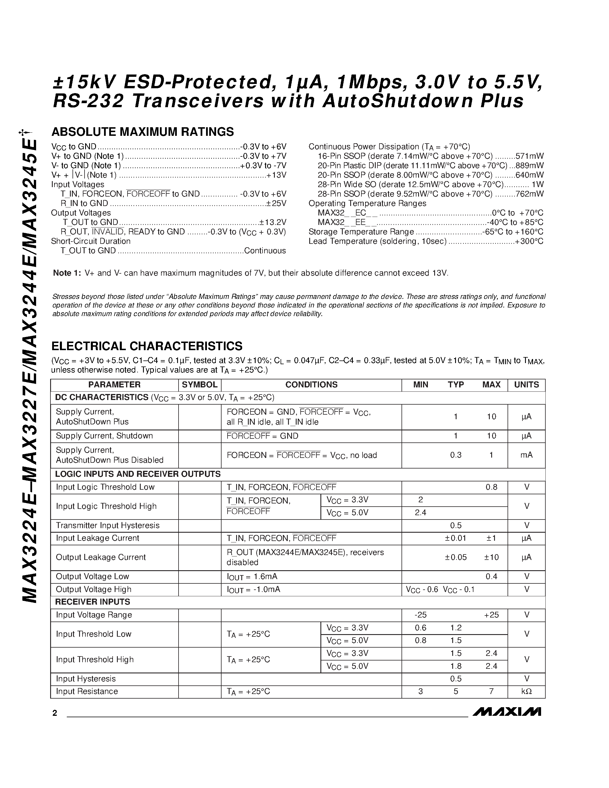 Datasheet MAX3244E - 15kV ESD-Protected / 1A / 1Mbps / 3.0V to 5.5V / RS-232 Transceivers with AutoShutdown Plus page 2