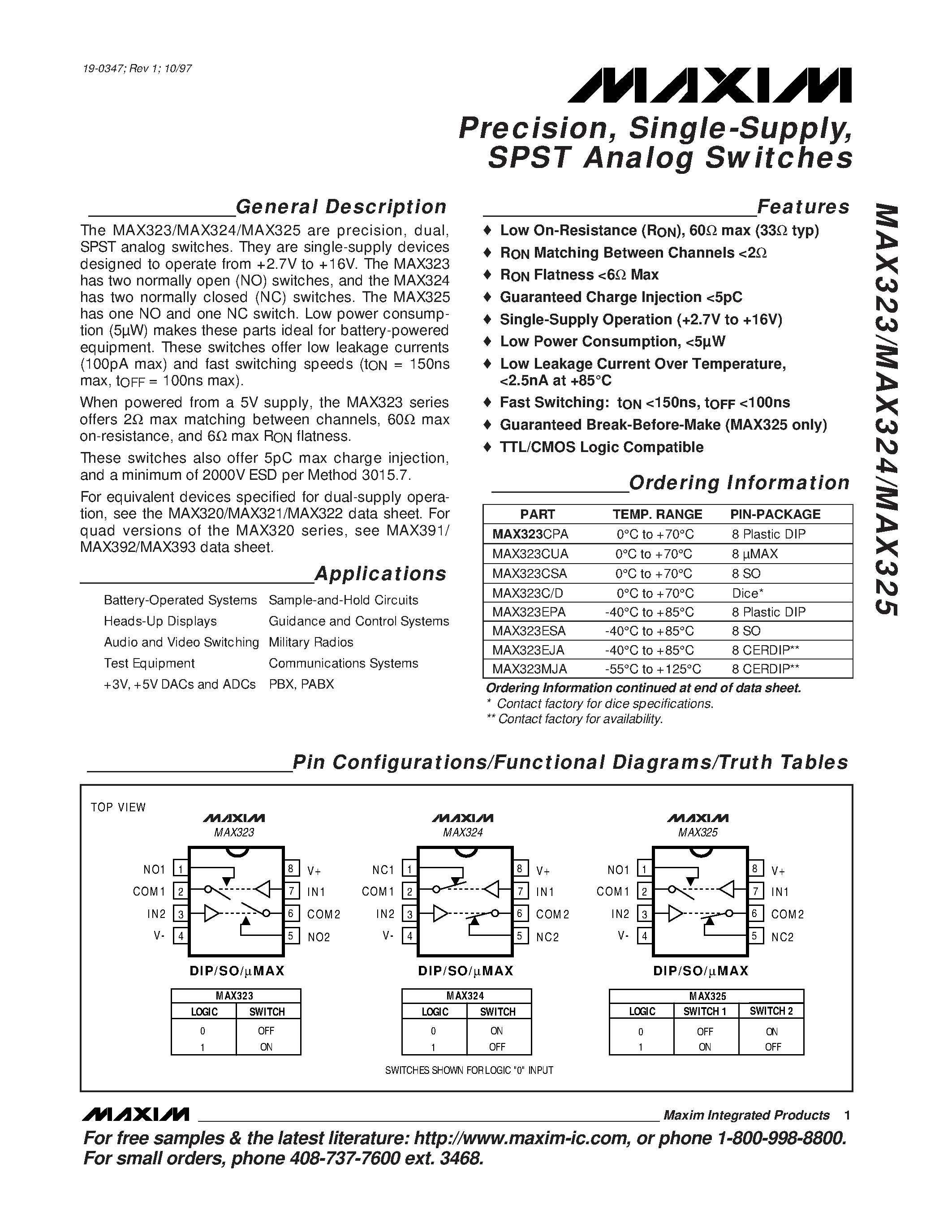 Datasheet MAX325 - Precision / Single-Supply / SPST Analog Switches page 1